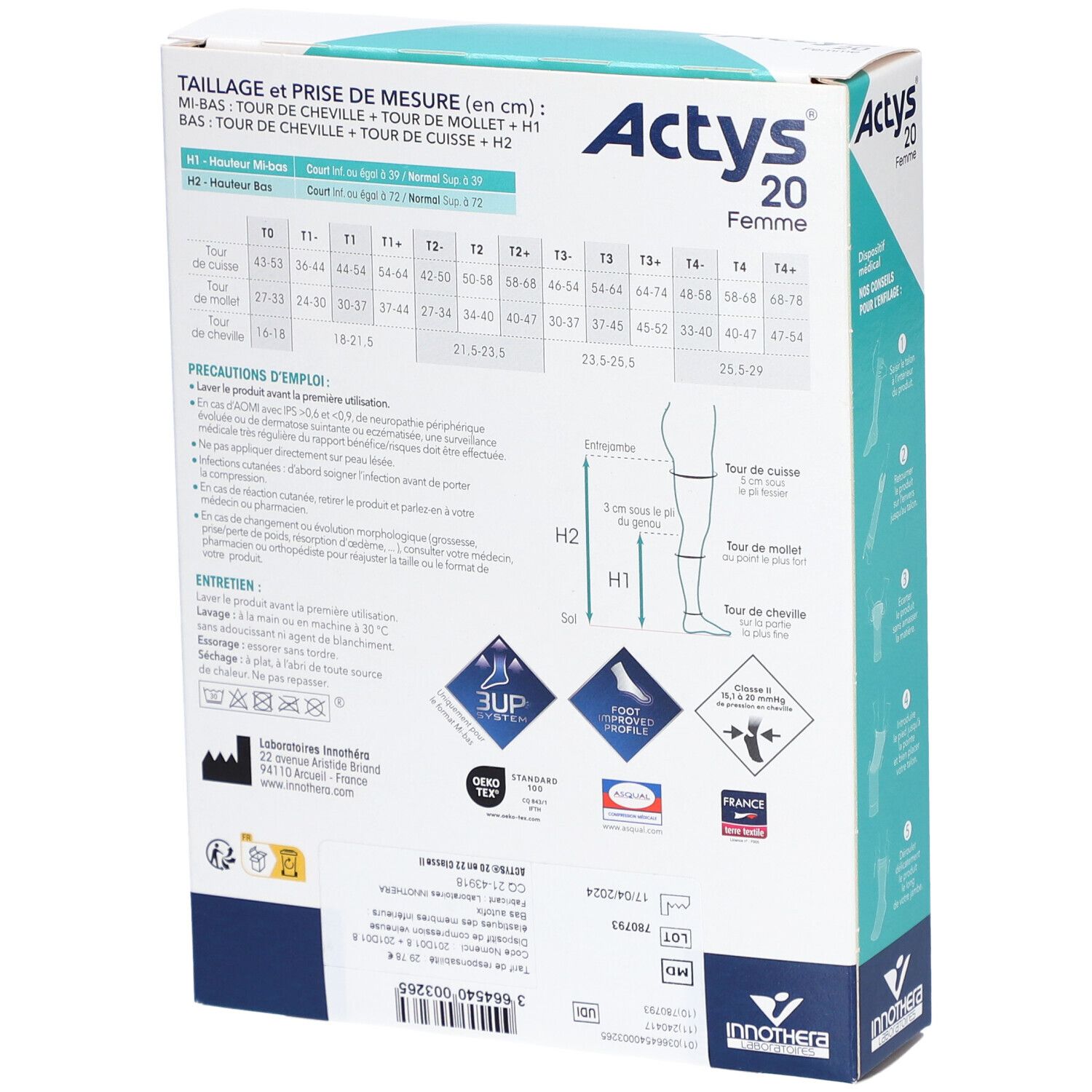 Dos de la boîte ACTYS 20 Femme. Tableau des tailles, informations produit, logos et certifications.