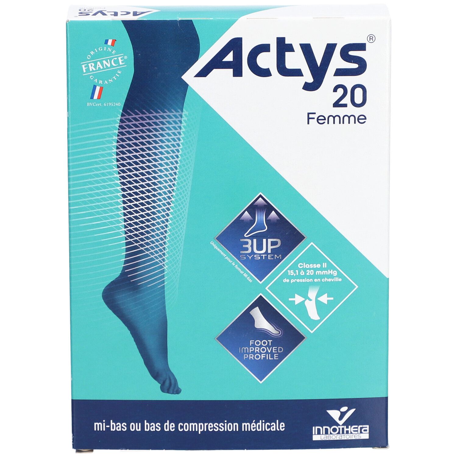 Boîte ACTYS 20 Femme, bas de compression médicale. Design turquoise et blanc, illustration du produit, drapeau français.