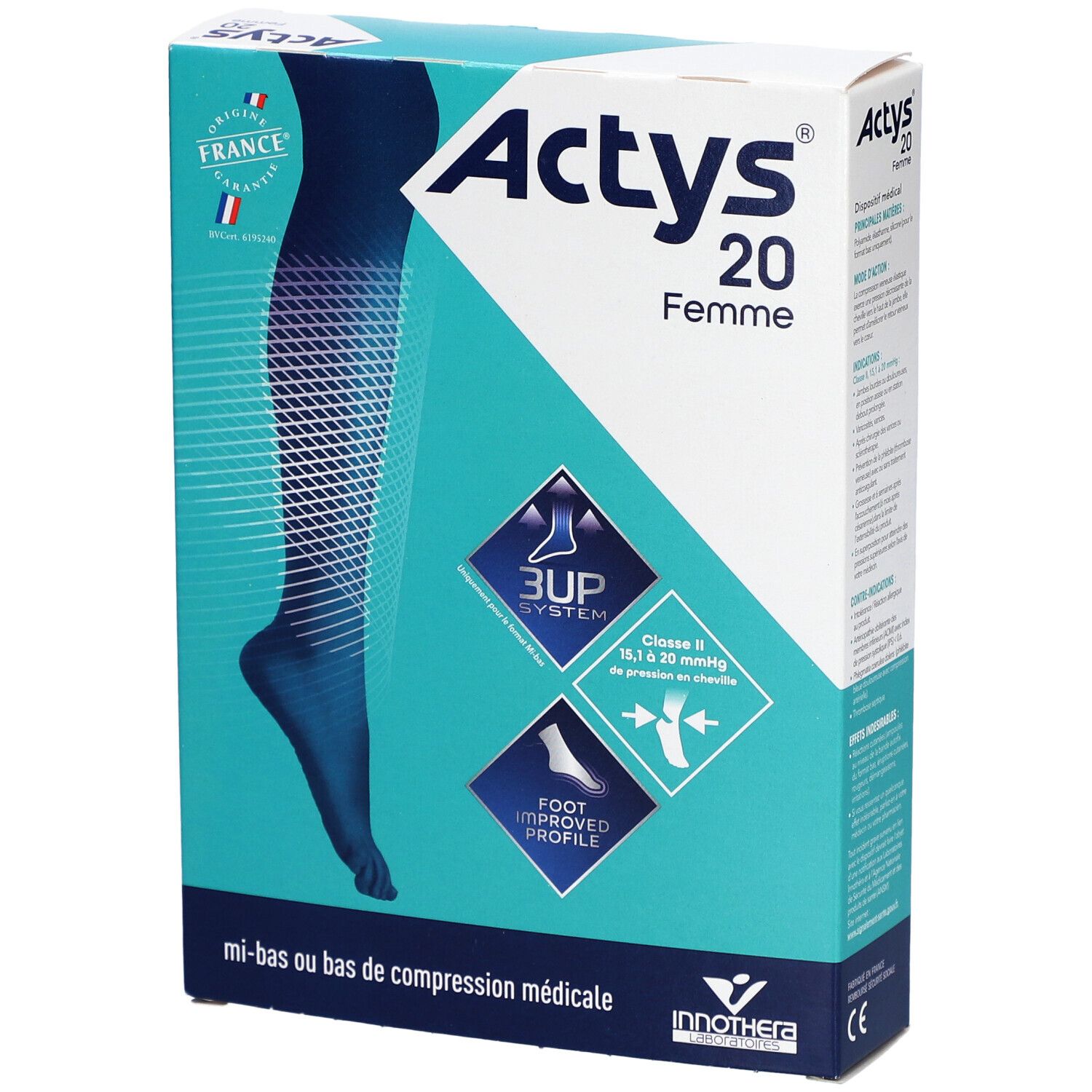Boîte ACTYS 20 Femme, bas de compression médical. Graphique bleu d'une jambe. Texte: Classe II, 15,1-20 mmHg.