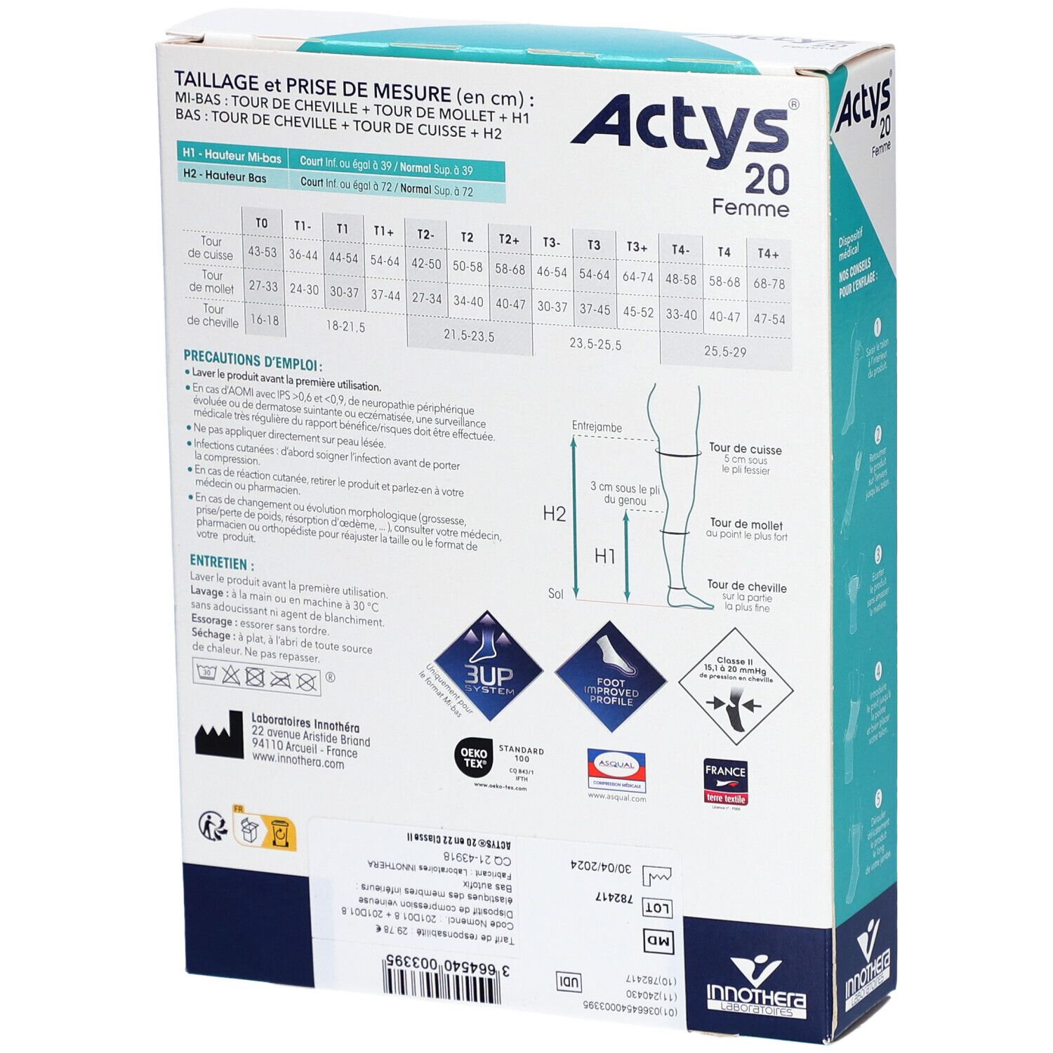 Dos de la boîte ACTYS 20 Femme. Tableau des tailles et instructions d'utilisation. Texte: Mi-bas, bas de compression médical.