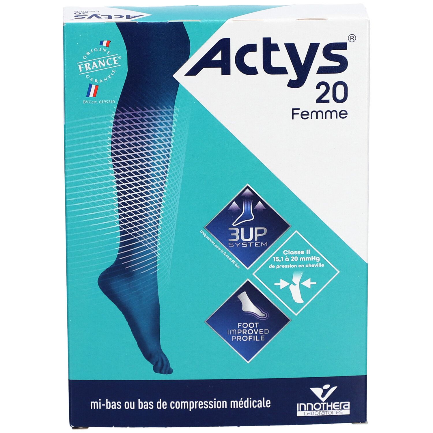 Boîte ACTYS 20 Femme, bas de compression médical. Graphique bleu d'une jambe. Texte: Classe II, 15,1-20 mmHg.