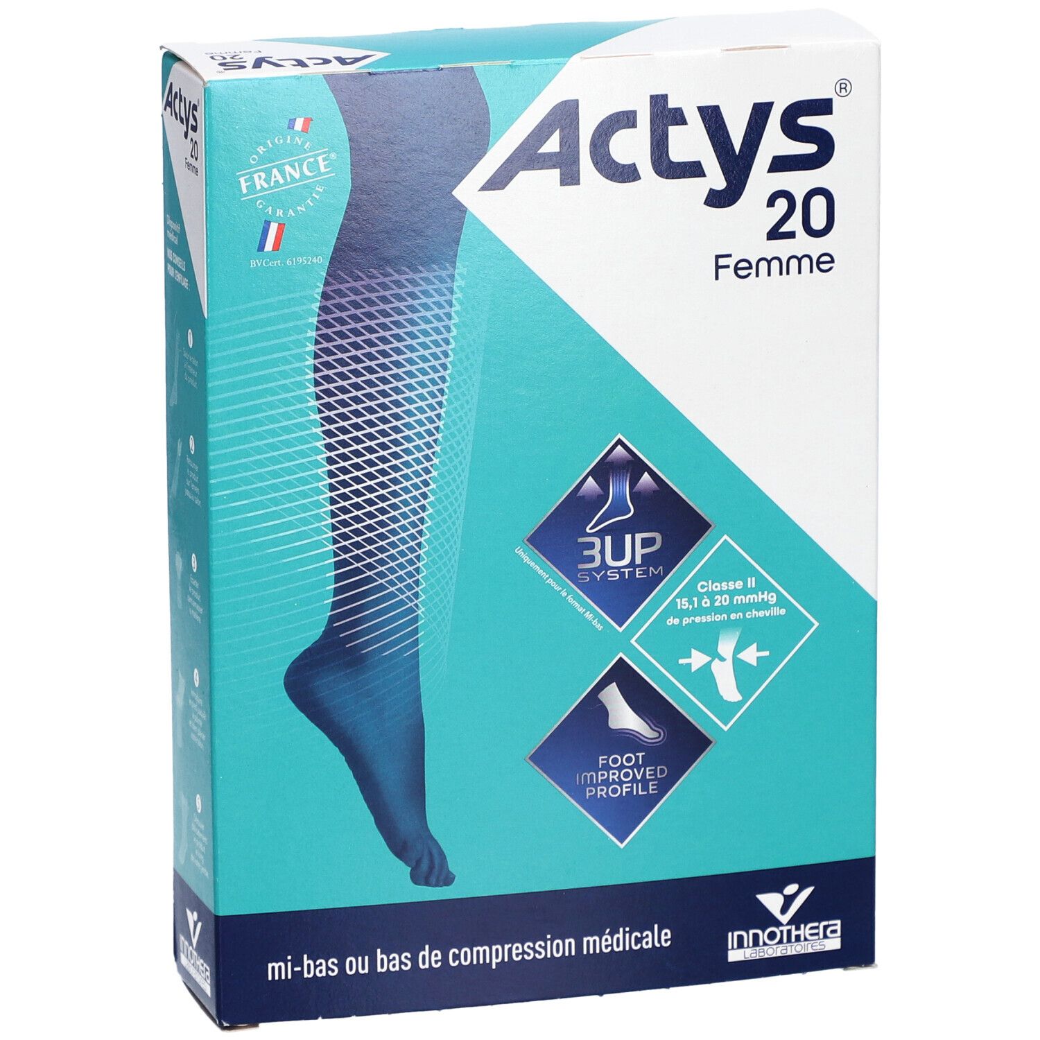 Boîte ACTYS 20 Femme, bas de compression médical. Graphique bleu d'une jambe. Texte: Classe II, 15,1-20 mmHg.