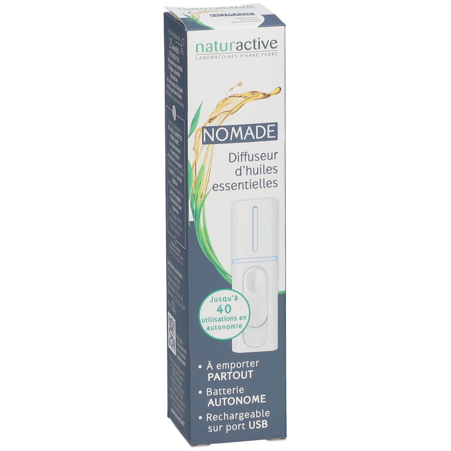 Boîte du diffuseur NOMADE. Diffuseur d'huiles essentielles. Jusqu'à 40 utilisations. Rechargeable USB.