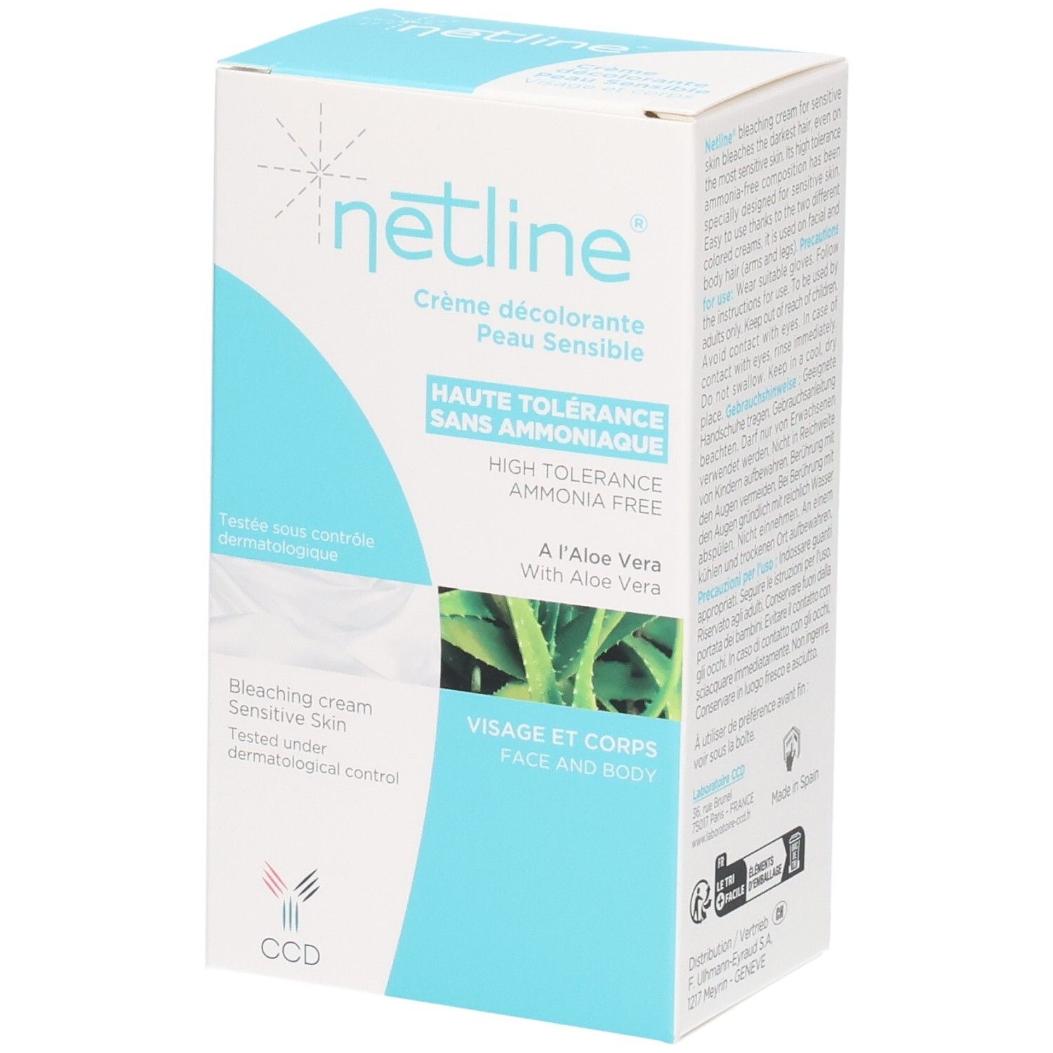 Netline CCD Crème décolorante pour peau sensible, visage et corps, à l'Aloe Vera, sans ammoniaque.