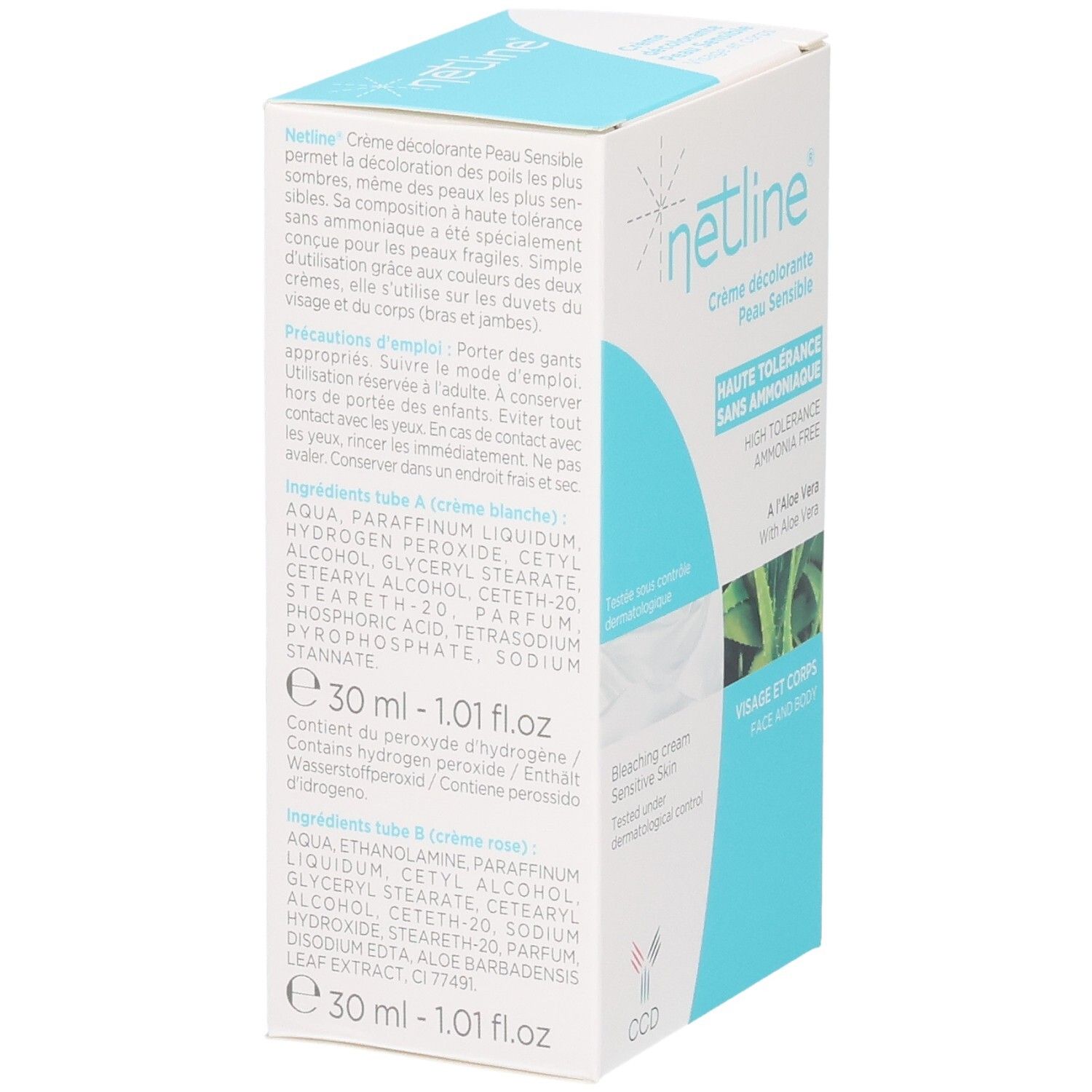 Netline CCD Crème décolorante : ingrédients et instructions d'utilisation sur le rabat latéral.