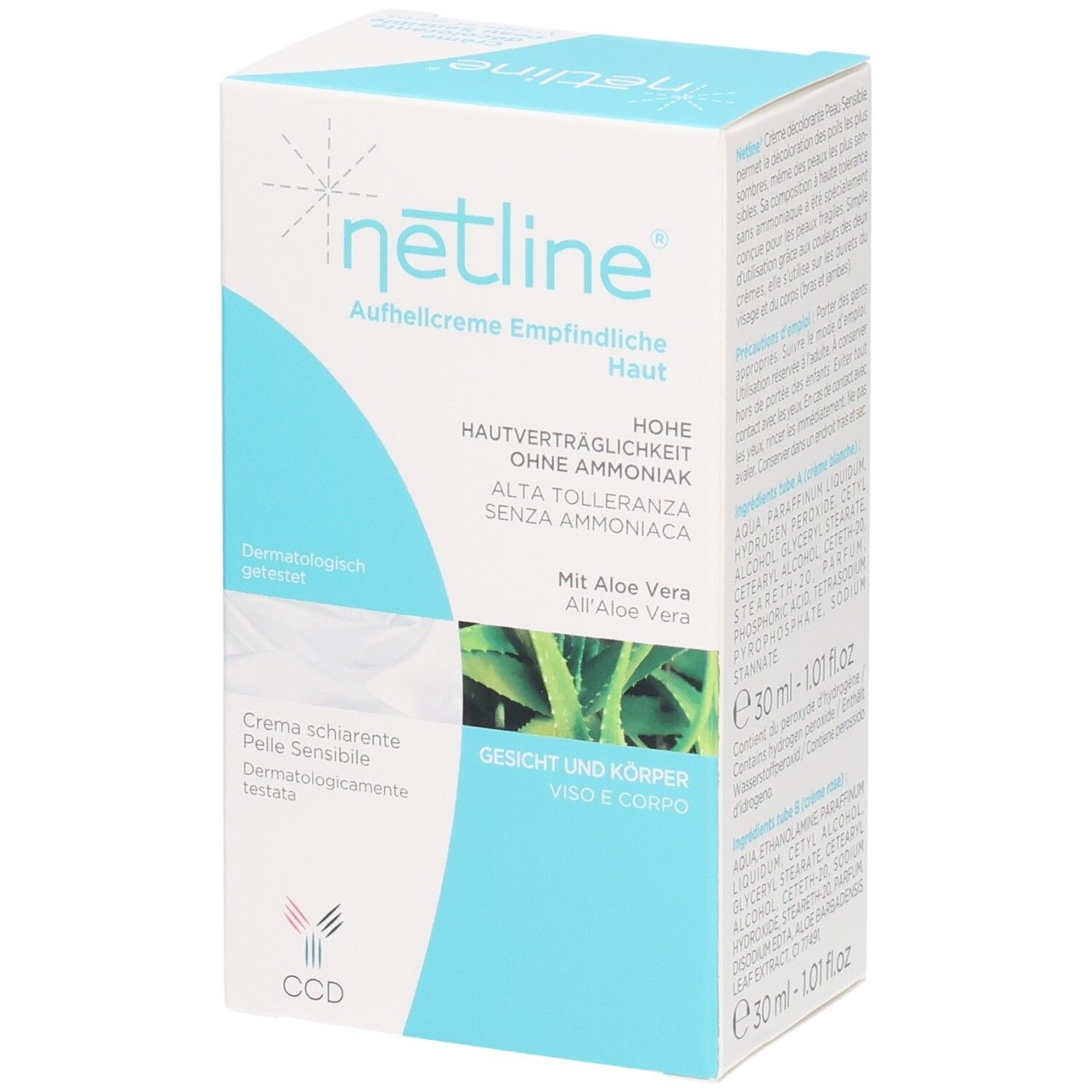 Netline CCD Crème décolorante pour peau sensible, avec Aloe Vera, testée dermatologiquement.