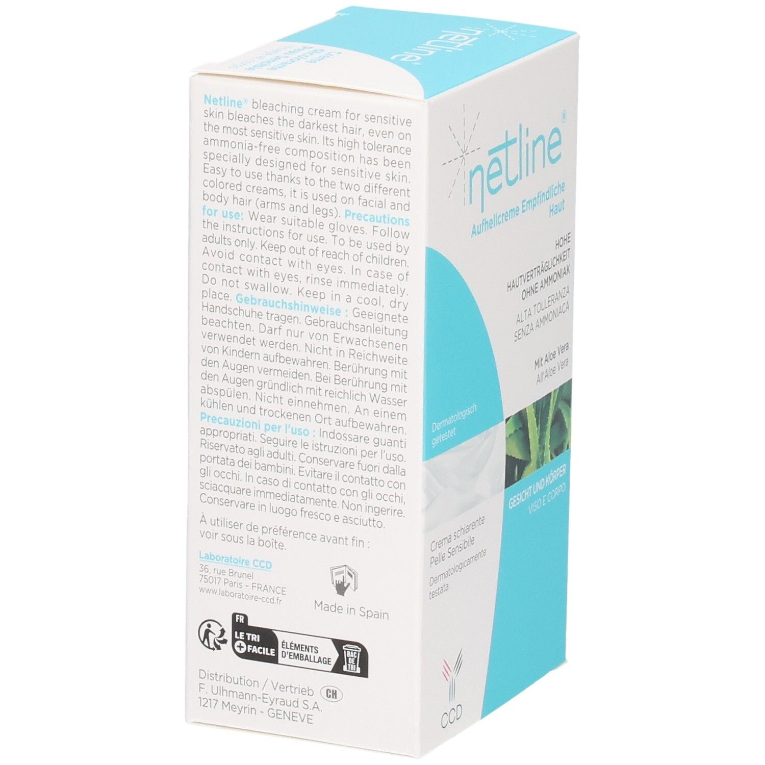 Netline CCD Crème décolorante : mode d'emploi et précautions d'usage au dos.