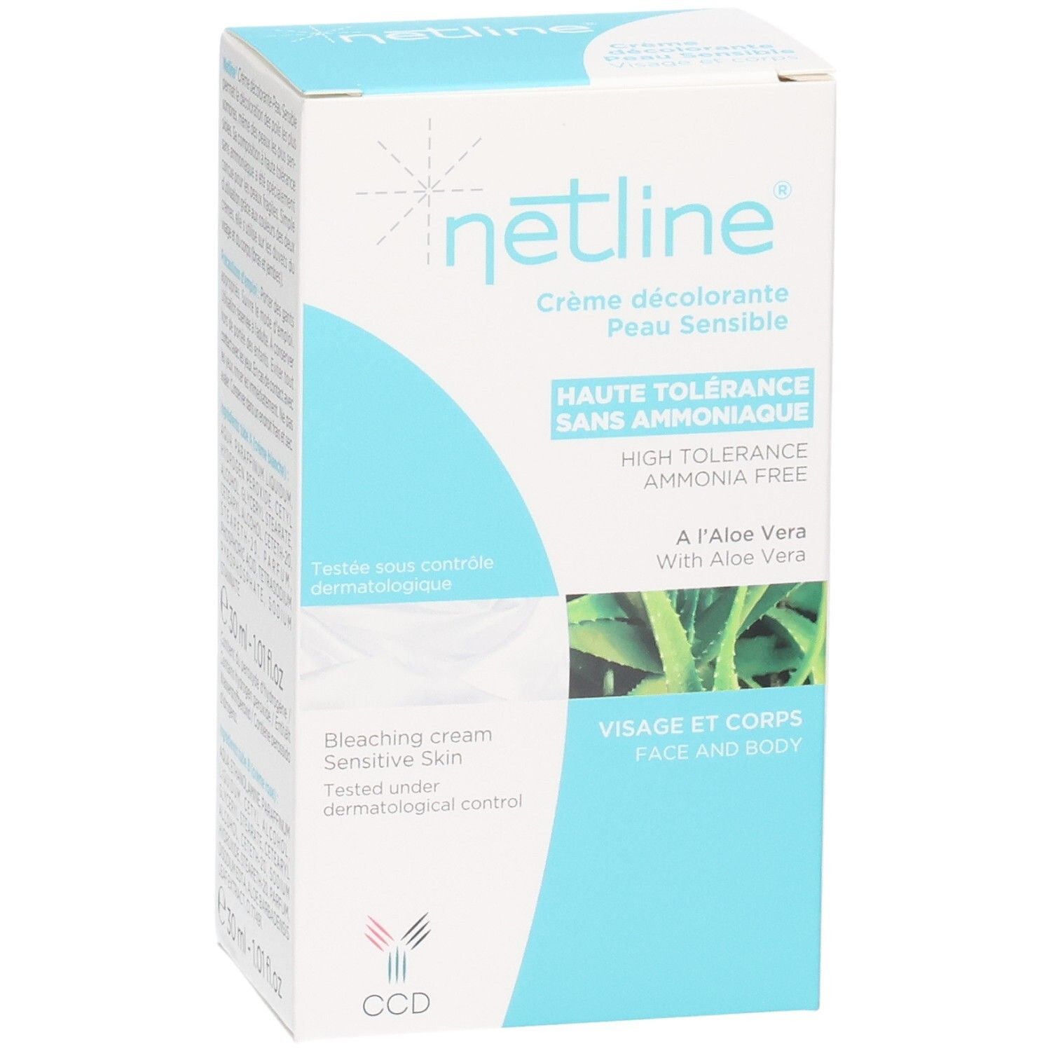 Netline CCD Crème décolorante pour peau sensible, visage et corps, à l'Aloe Vera, sans ammoniaque.