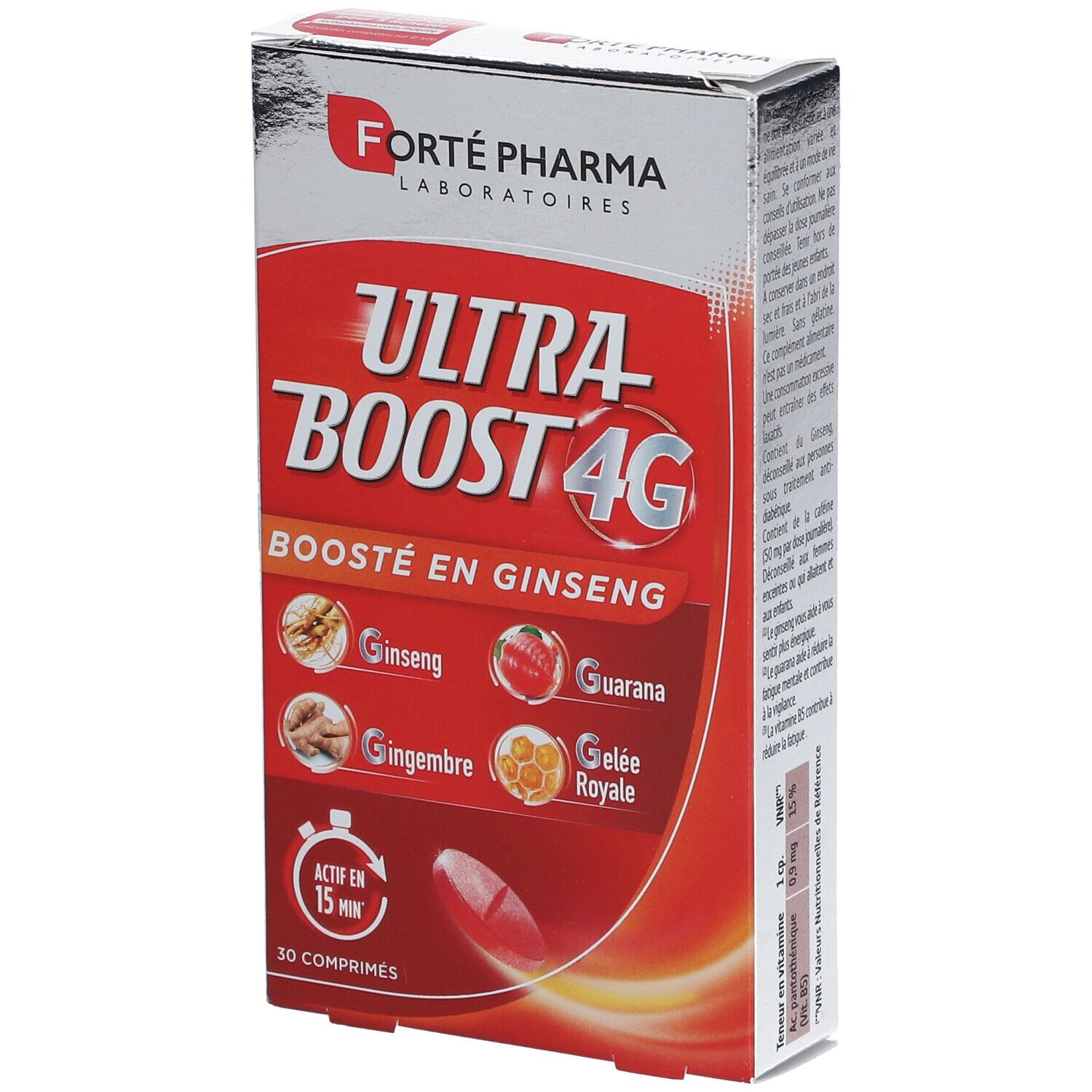 Boîte rouge avec nom du produit et ingrédients. Contient 30 comprimés. Marque : Forté Pharma.