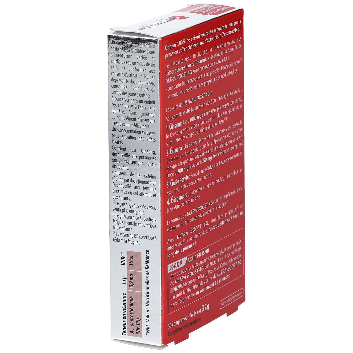 Dos de la boîte avec informations sur le produit. Contient 30 comprimés. Marque : Forté Pharma.