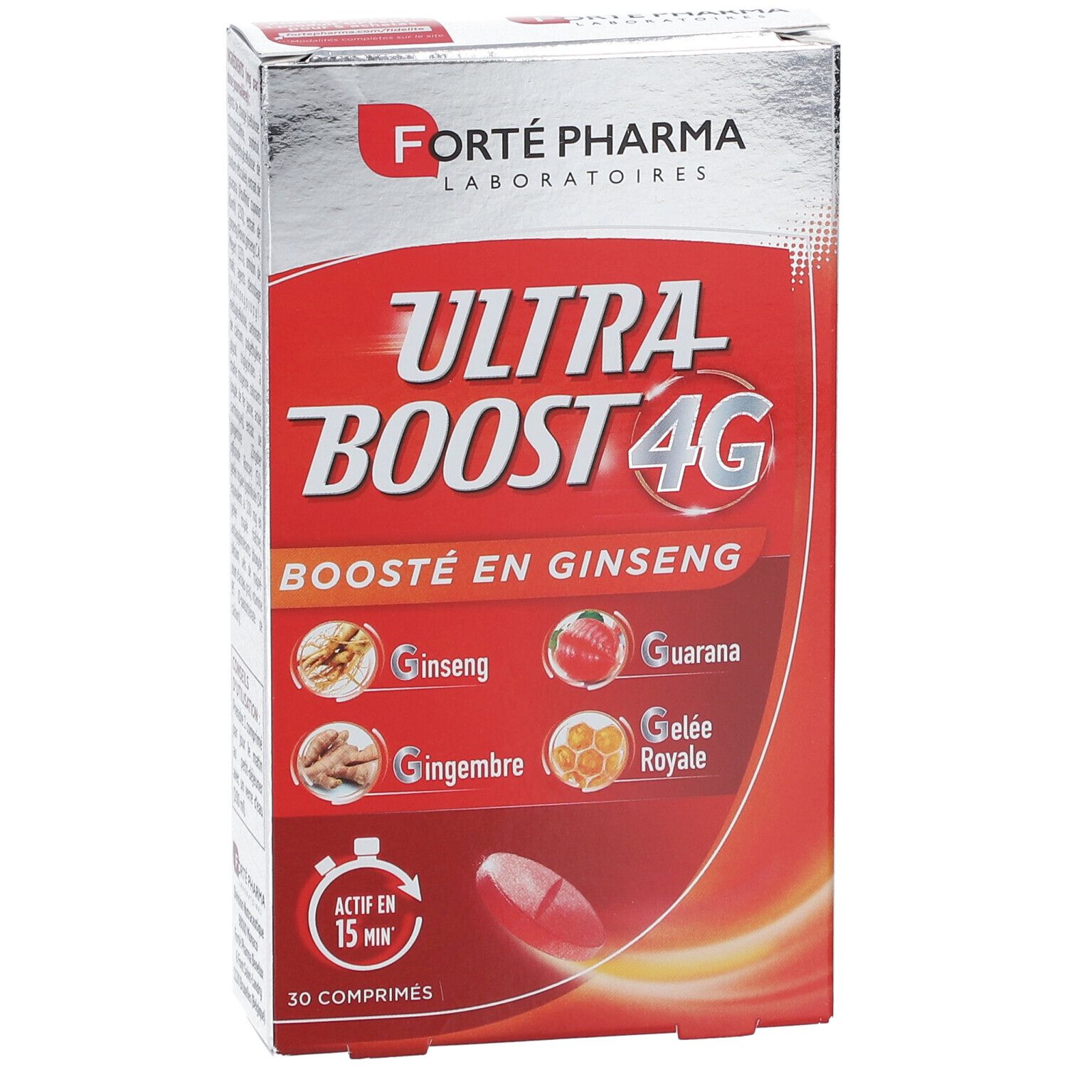 Boîte rouge avec nom du produit et ingrédients. Contient 30 comprimés. Marque : Forté Pharma.