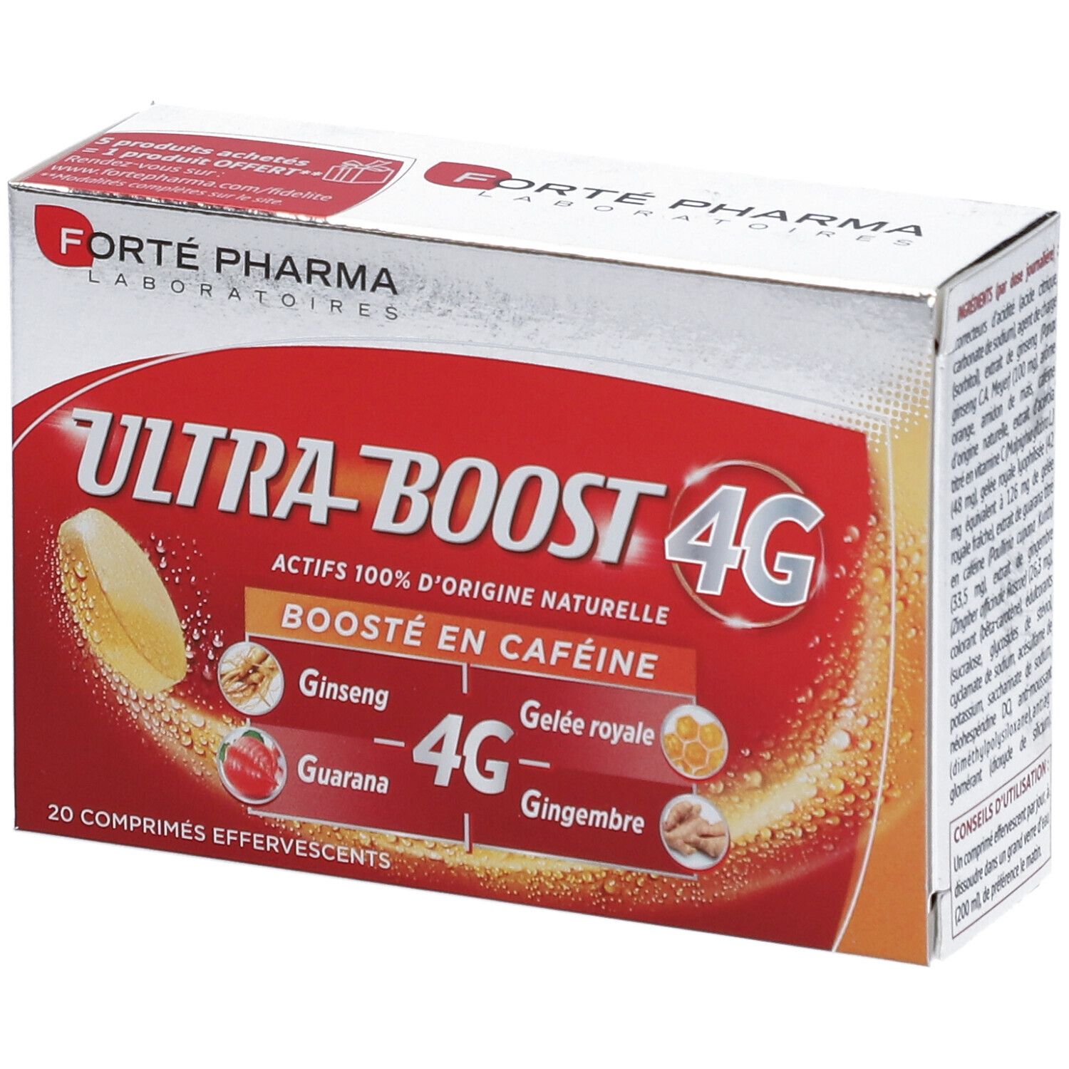 Deux tubes rouges avec couvercles blancs. Inscription: Ultra Boost 4G, Actifs 100% d'origine naturelle.