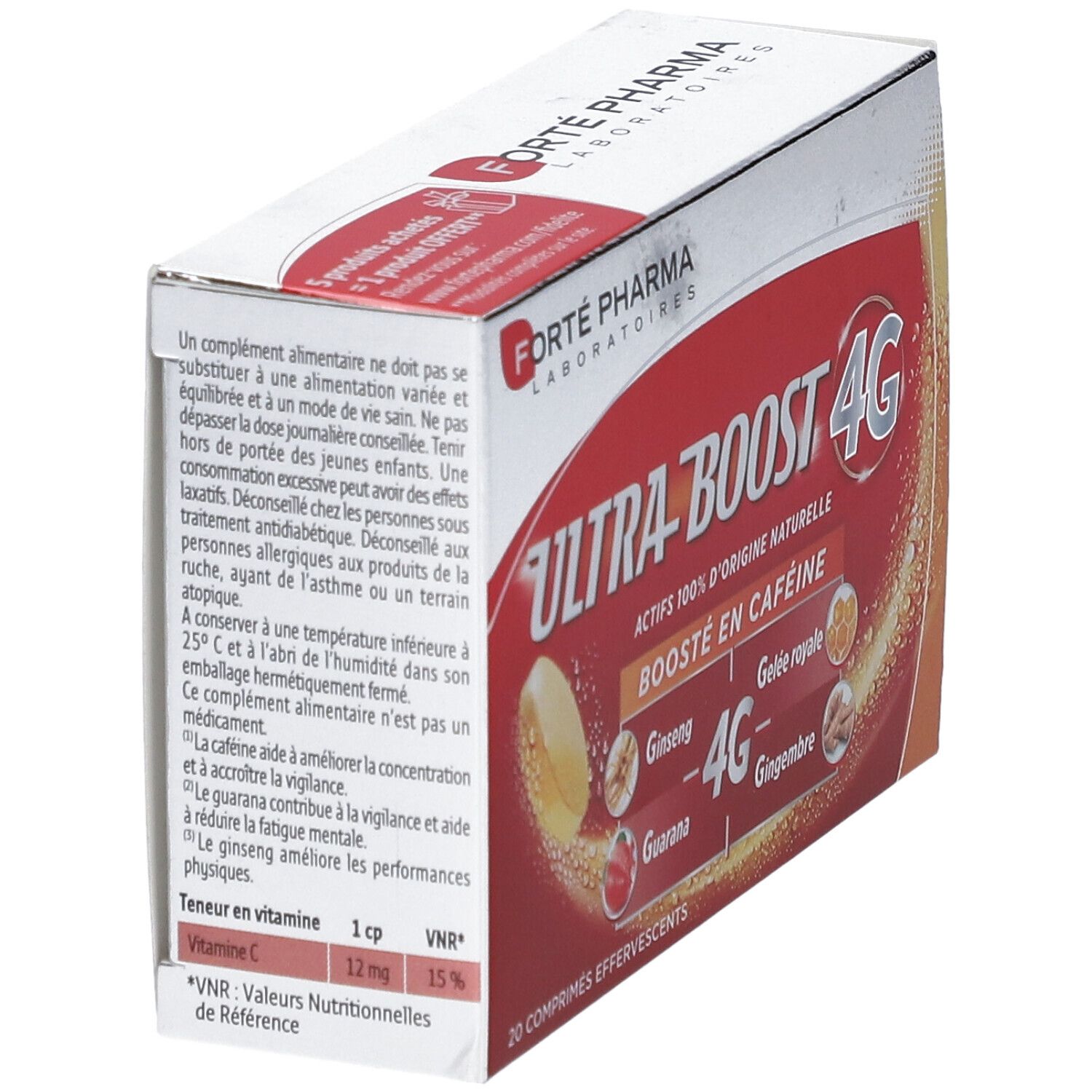 Tube rouge avec couvercle blanc. Inscription: Ultra Boost 4G, Actifs 100% d'origine naturelle.