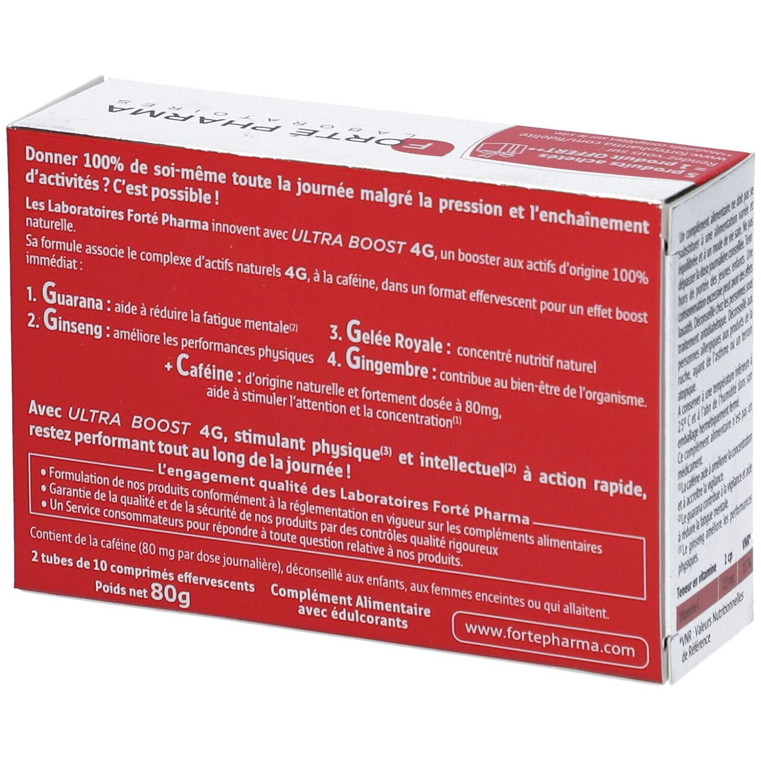 Deux tubes rouges avec couvercles blancs. Inscription: Ultra Boost 4G, Actifs 100% d'origine naturelle.