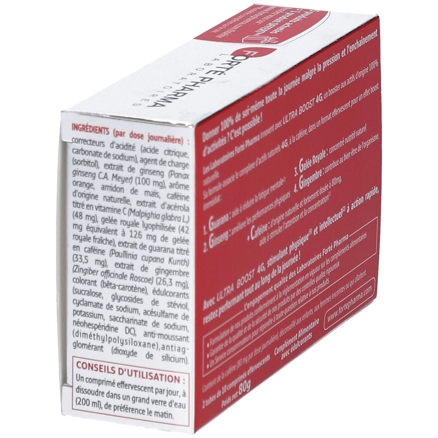Tube rouge avec couvercle blanc. Inscription: Ultra Boost 4G, Actifs 100% d'origine naturelle.