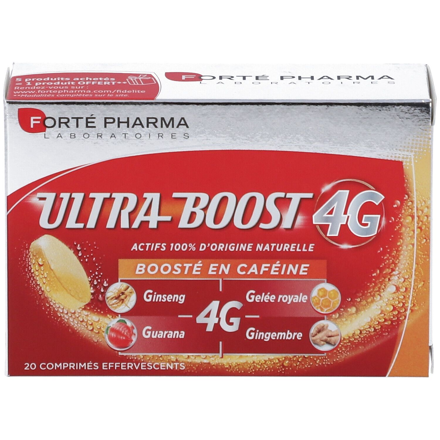 Deux tubes rouges avec couvercles blancs. Inscription: Ultra Boost 4G, Actifs 100% d'origine naturelle.