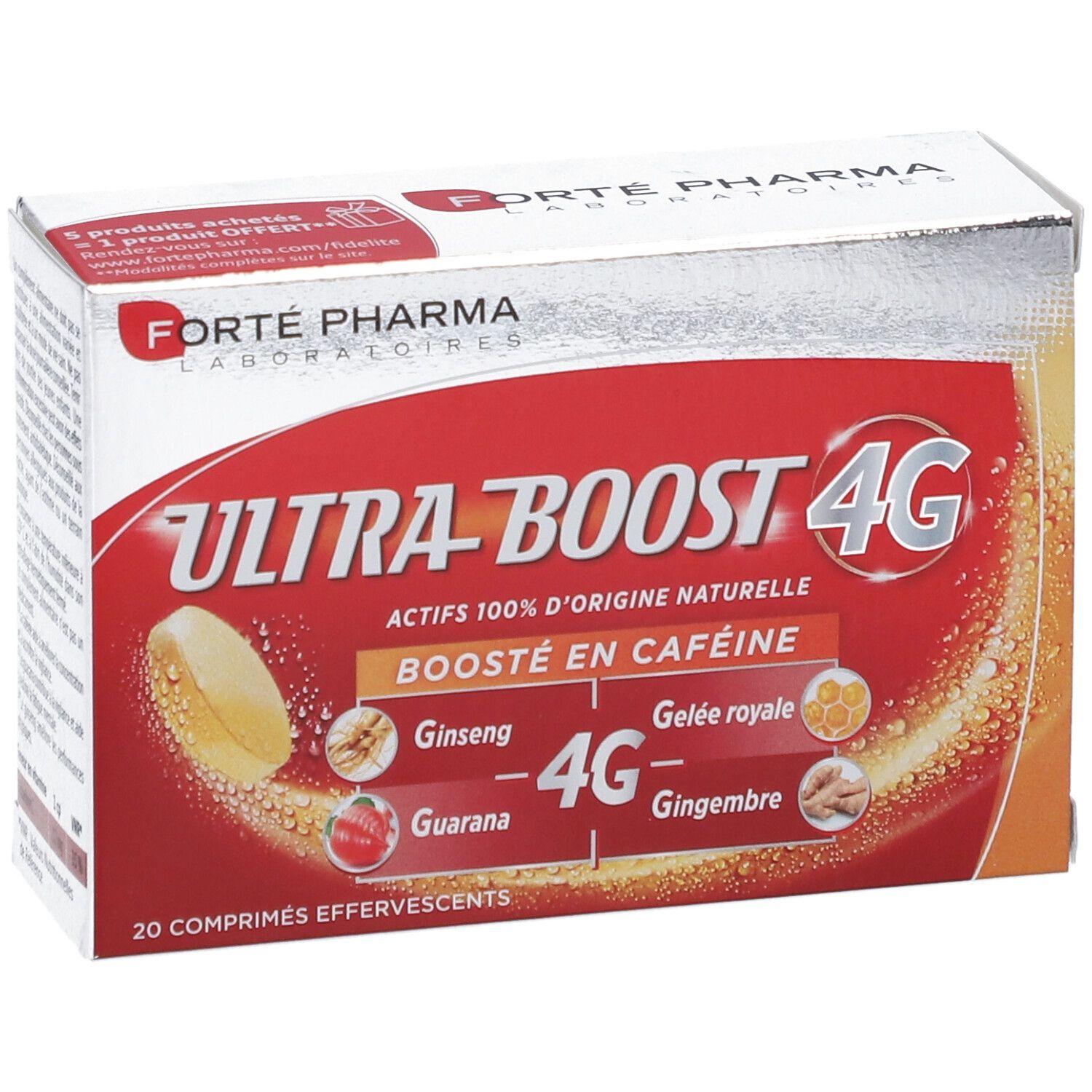 Deux tubes rouges avec couvercles blancs. Inscription: Ultra Boost 4G, Actifs 100% d'origine naturelle.