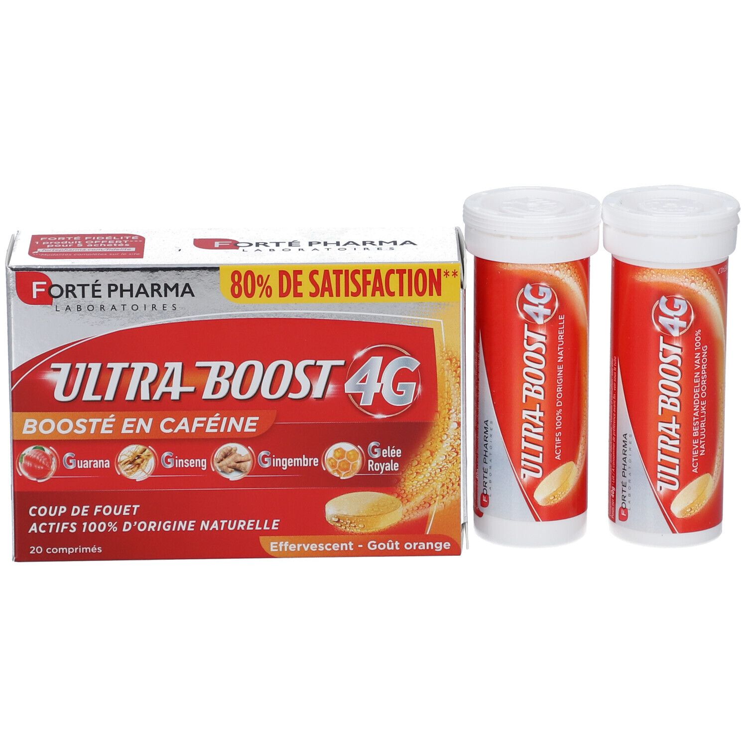 Boîte et deux tubes. Inscription: Ultra Boost 4G, Boosté en caféine, 20 comprimés.