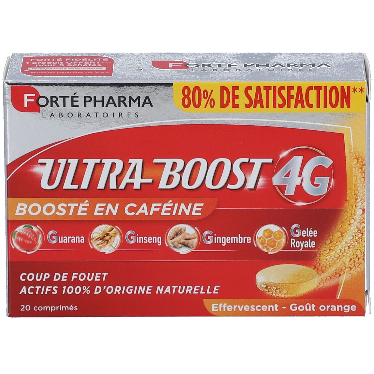 Boîte. Inscription: Ultra Boost 4G, Boosté en caféine, 20 comprimés.