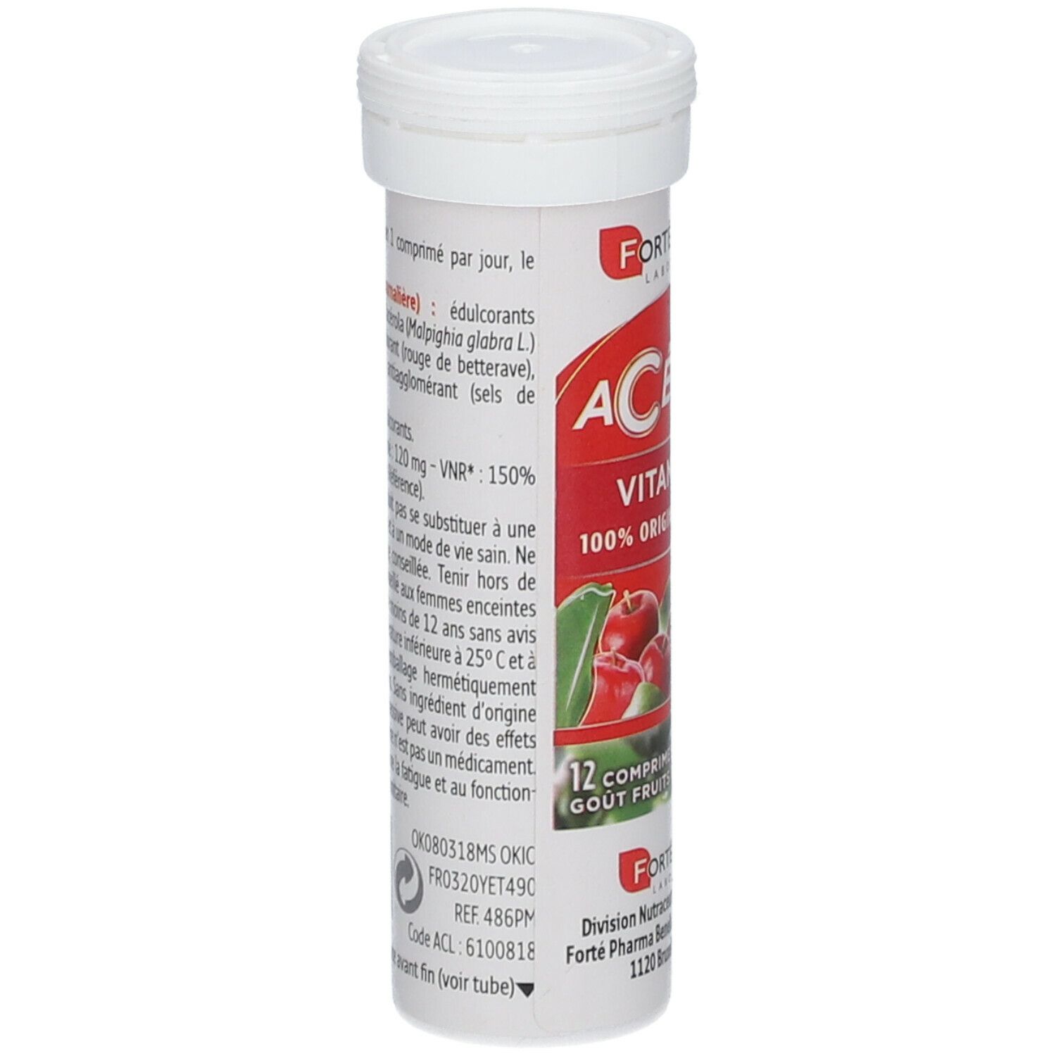 Tube cylindrique blanc. Inscription Acerola, Vitamine C, 100% origine naturelle. Dos avec informations et texte. 12 comprimés.