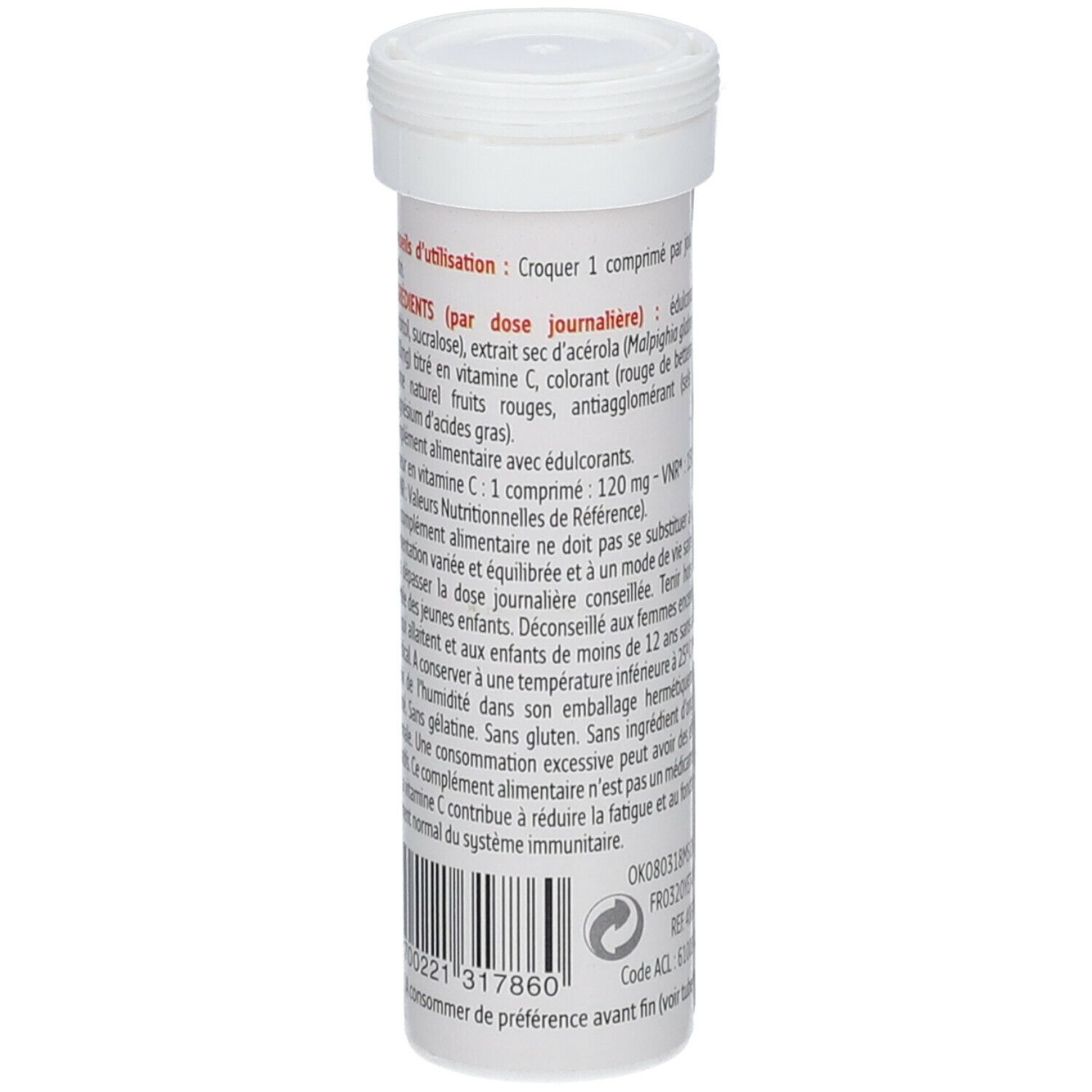 Tube cylindrique blanc. Dos avec informations, texte et code-barres. Détails d'utilisation et ingrédients. Sans gluten.