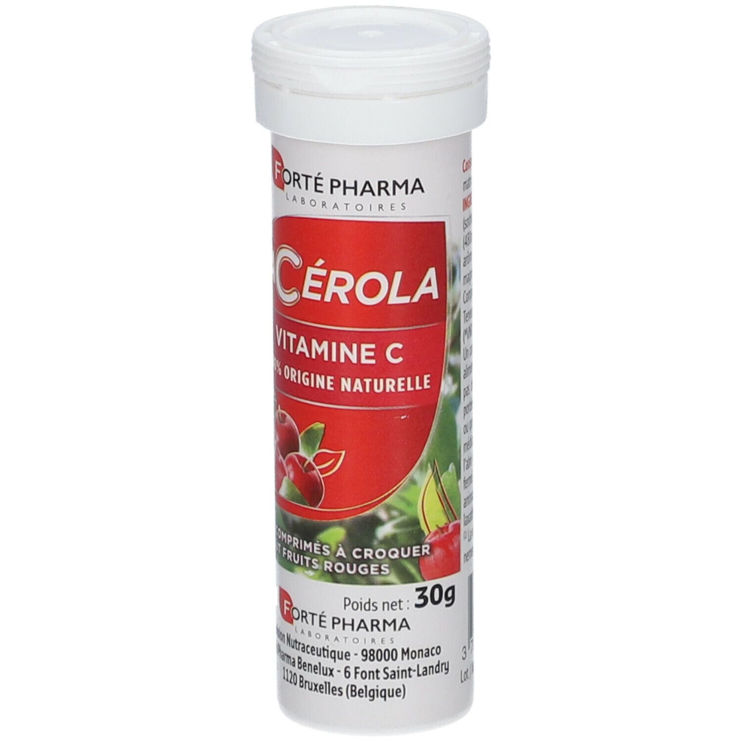 Tube cylindrique blanc. Inscription Acerola, Vitamine C, 100% origine naturelle. Illustration de fruits rouges. 30g.
