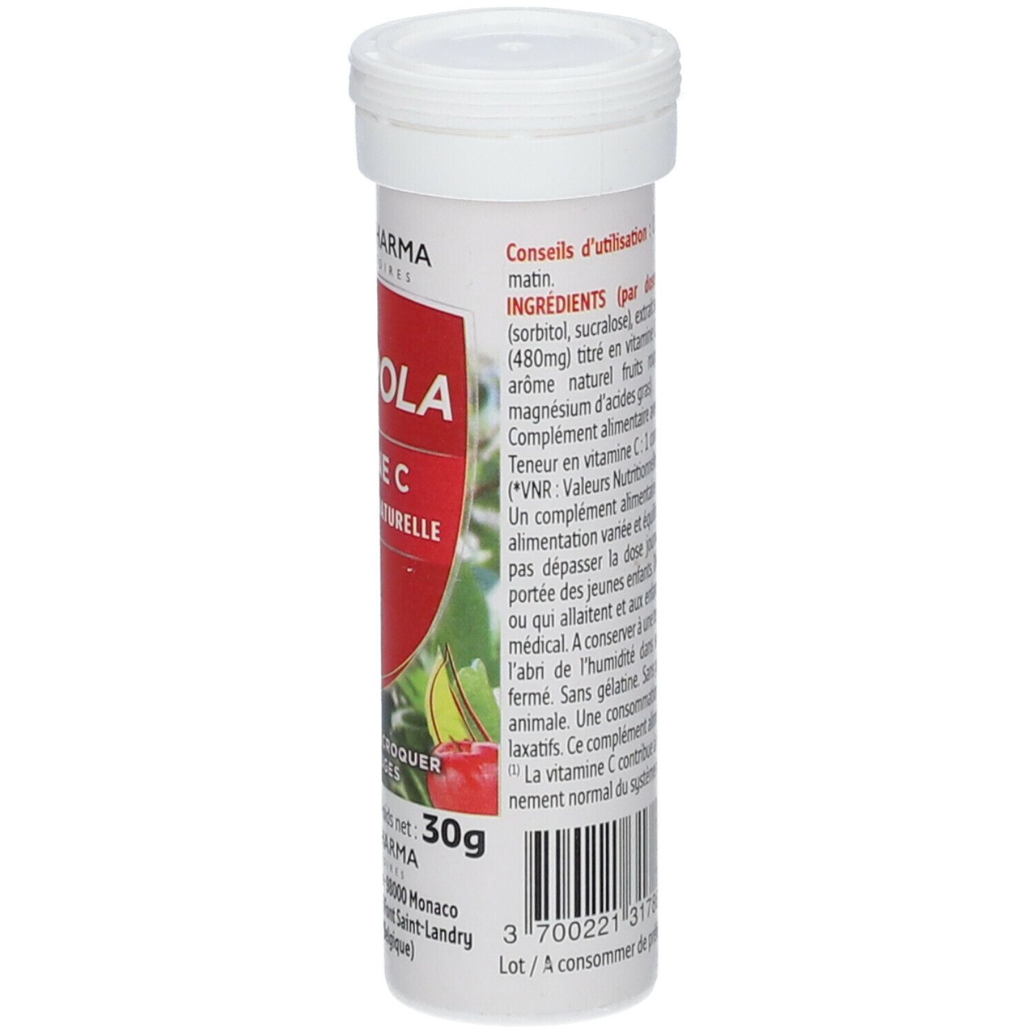 Tube cylindrique blanc. Inscription Acerola, Vitamine C, 100% origine naturelle. Dos avec informations. 30g.