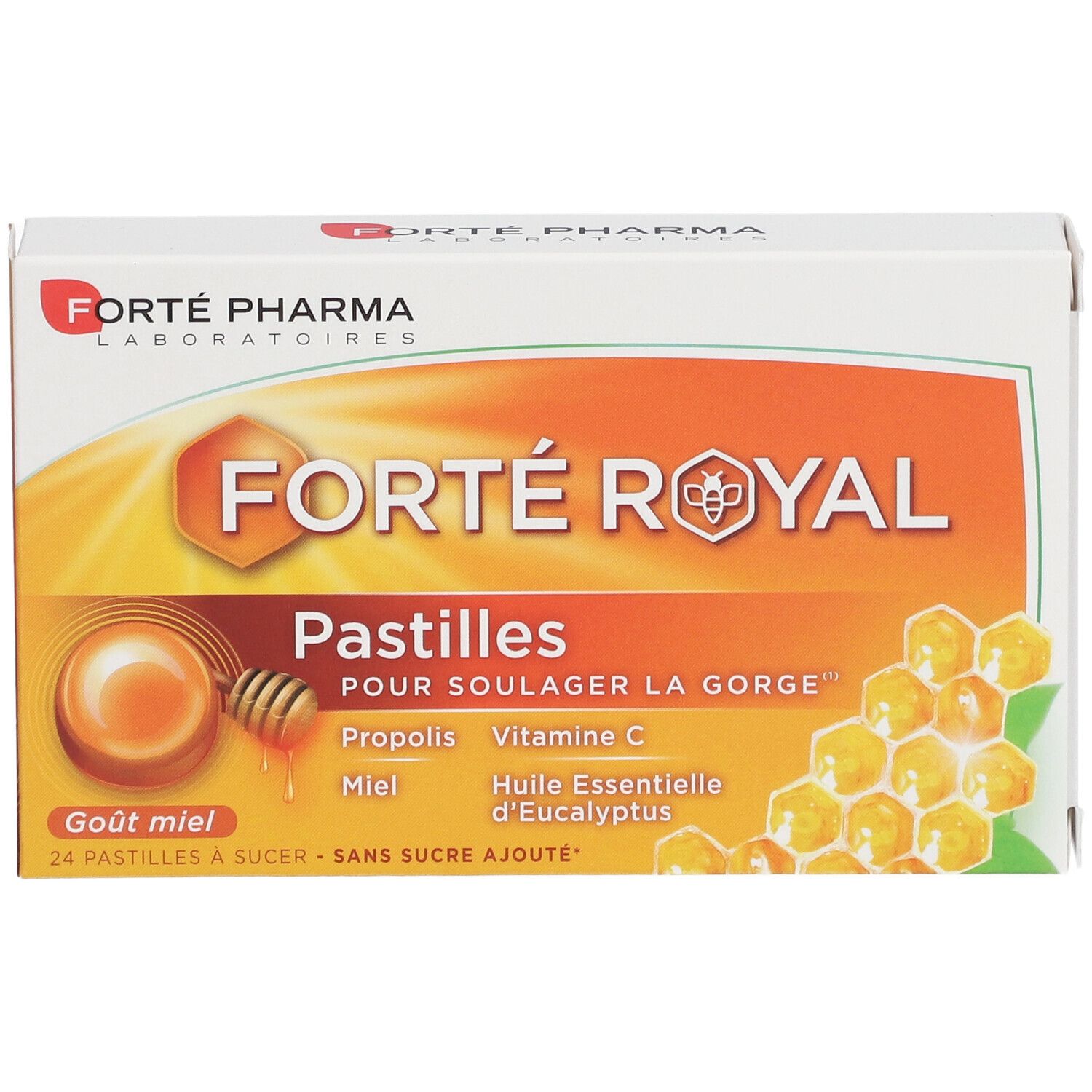 Boîte de pastilles FORTÉ ROYAL. Ingrédients : Propolis, Vitamine C, Miel, Huile essentielle d'Eucalyptus. 24 pastilles.
