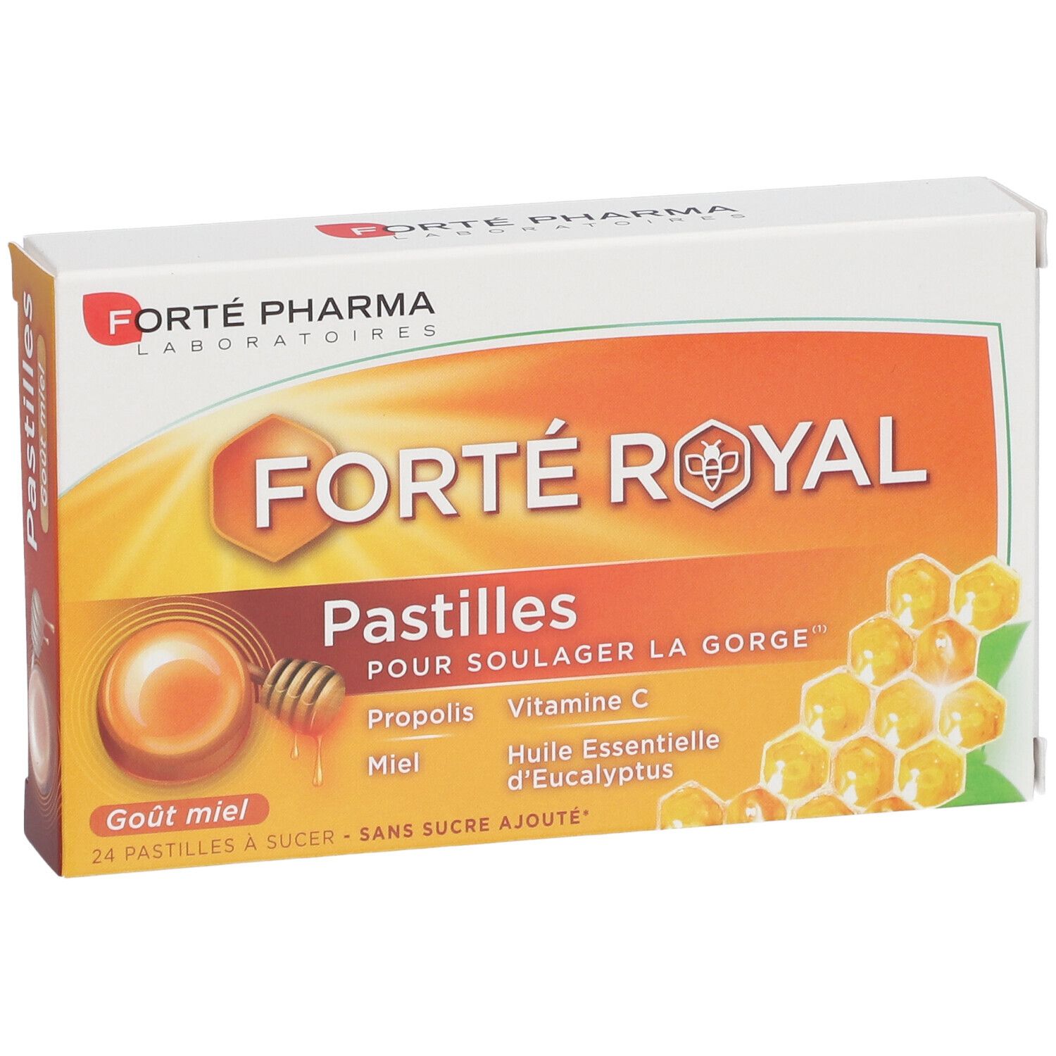 Boîte de pastilles FORTÉ ROYAL. Ingrédients : Propolis, Vitamine C, Miel, Huile essentielle d'Eucalyptus. 24 pastilles.