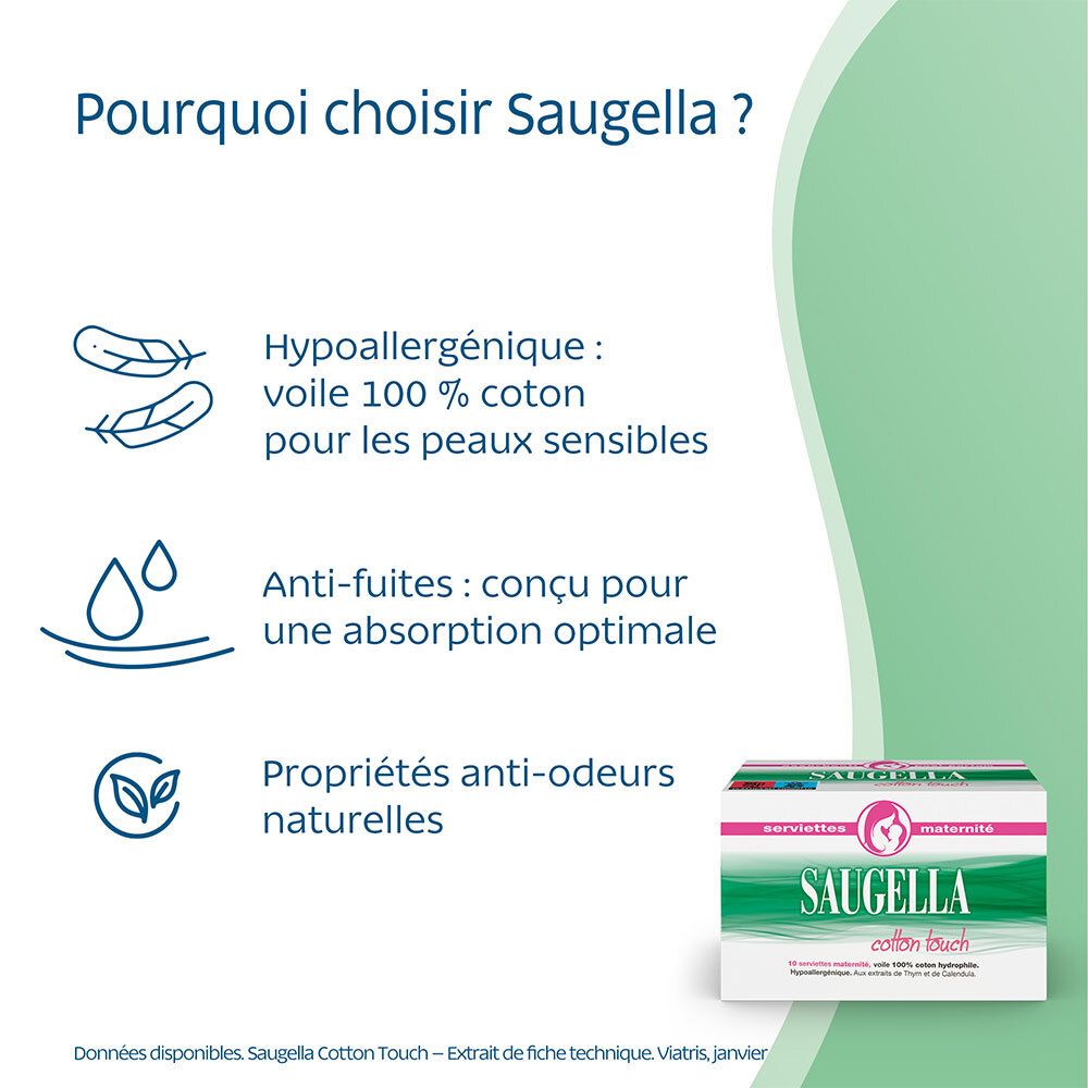 Saugella - Cotton Touch - Serviettes Hygiéniques spéciale Maternité - Période Post-partum - Protection Renforcée Contre les Fuites - Haute Absorption - Paquet de 10