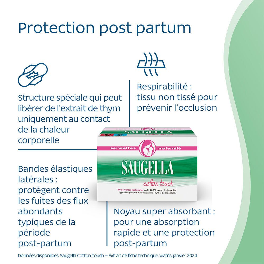 Saugella - Cotton Touch - Serviettes Hygiéniques spéciale Maternité - Période Post-partum - Protection Renforcée Contre les Fuites - Haute Absorption - Paquet de 10