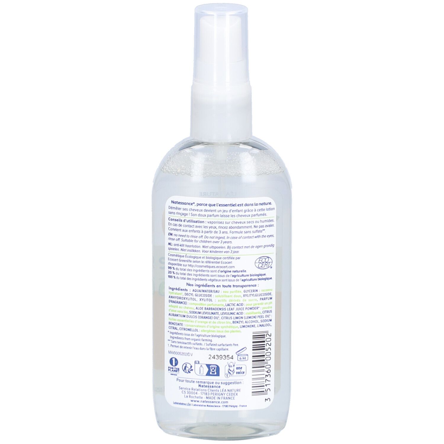 Dos du flacon. Texte avec ingrédients et instructions. Certification bio. Liquide transparent visible.