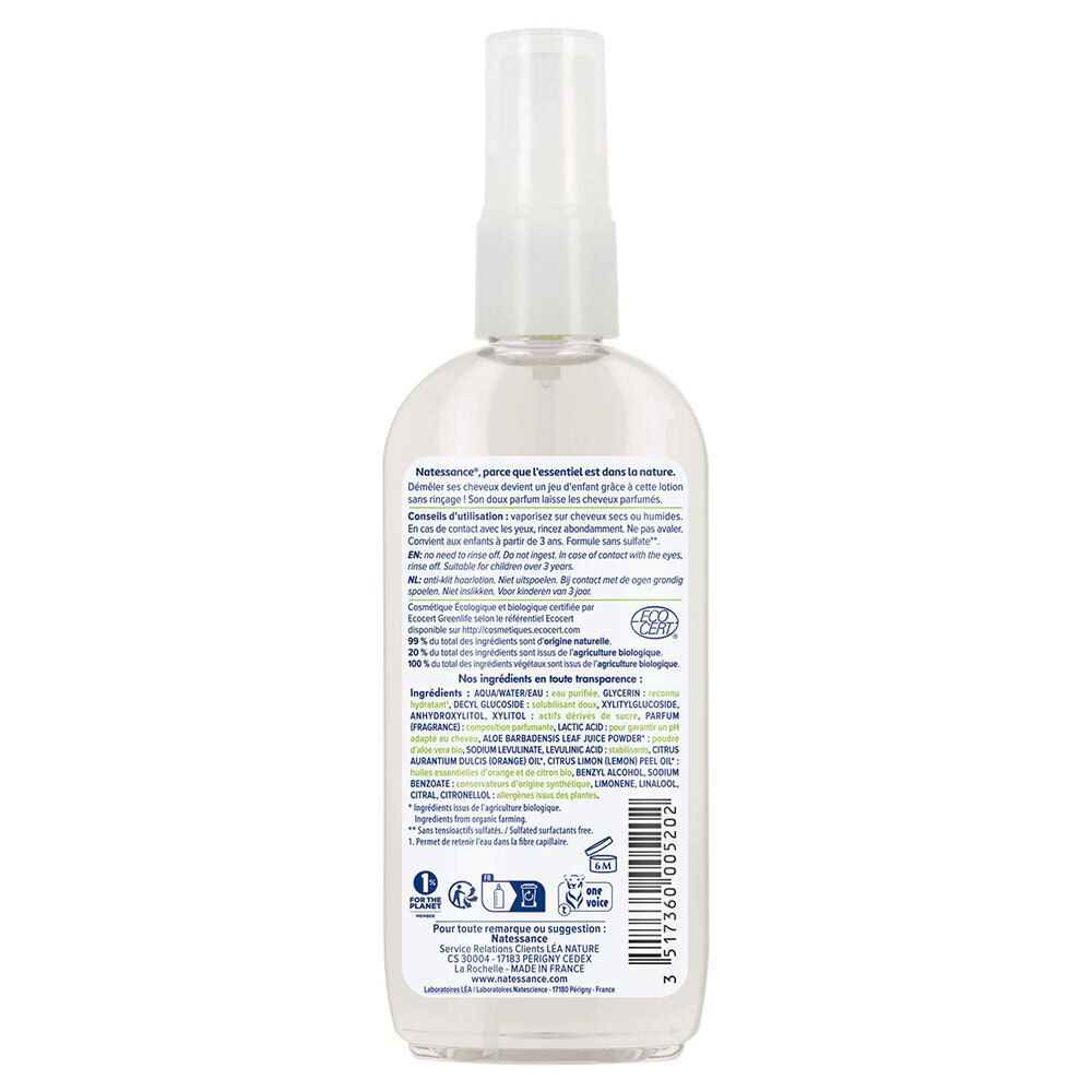Dos du flacon. Texte avec ingrédients et instructions. Certification bio. Liquide transparent visible.