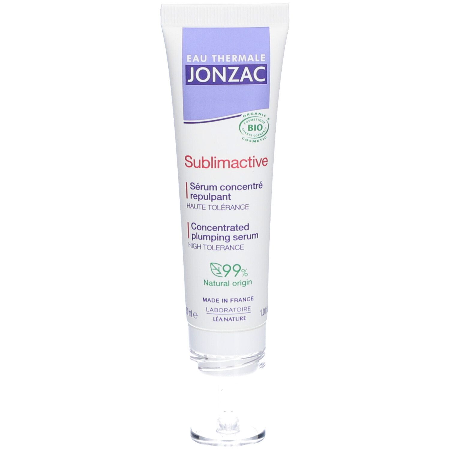 Tube de sérum Jonzac Sublimactive. Blanc, violet et vert. Texte: Eau Thermale Jonzac, Sublimactive, Sérum concentré repulpant, 99% Natural origin.