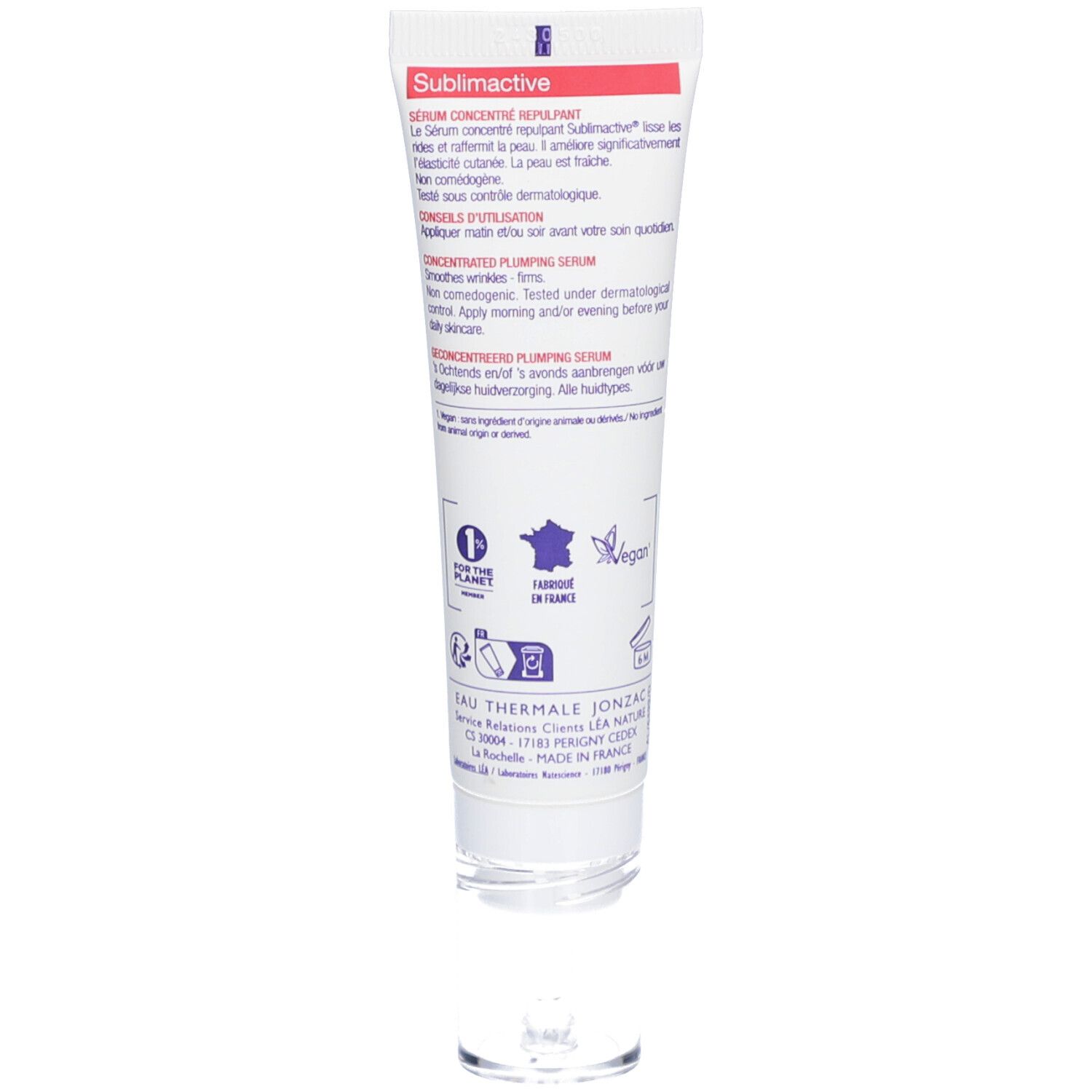 Dos du tube de sérum Jonzac Sublimactive. Texte: Sérum concentré repulpant, Concentrated plumping serum, 99% Natural origin, Made in France.