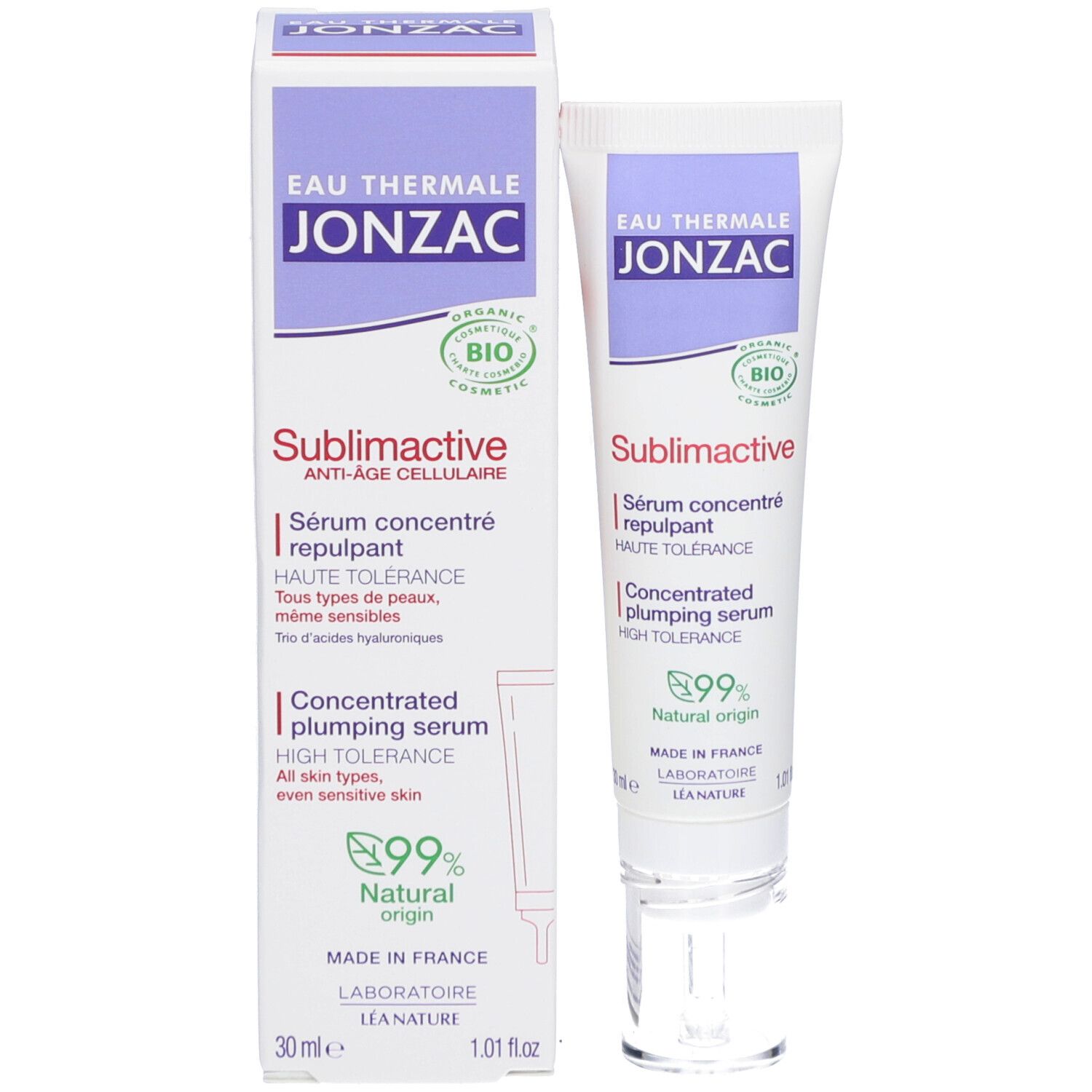 Emballage et tube de sérum Jonzac Sublimactive. Blanc, violet et rouge. Texte: Eau Thermale Jonzac, Sublimactive, Sérum concentré repulpant, 99% Natural origin.