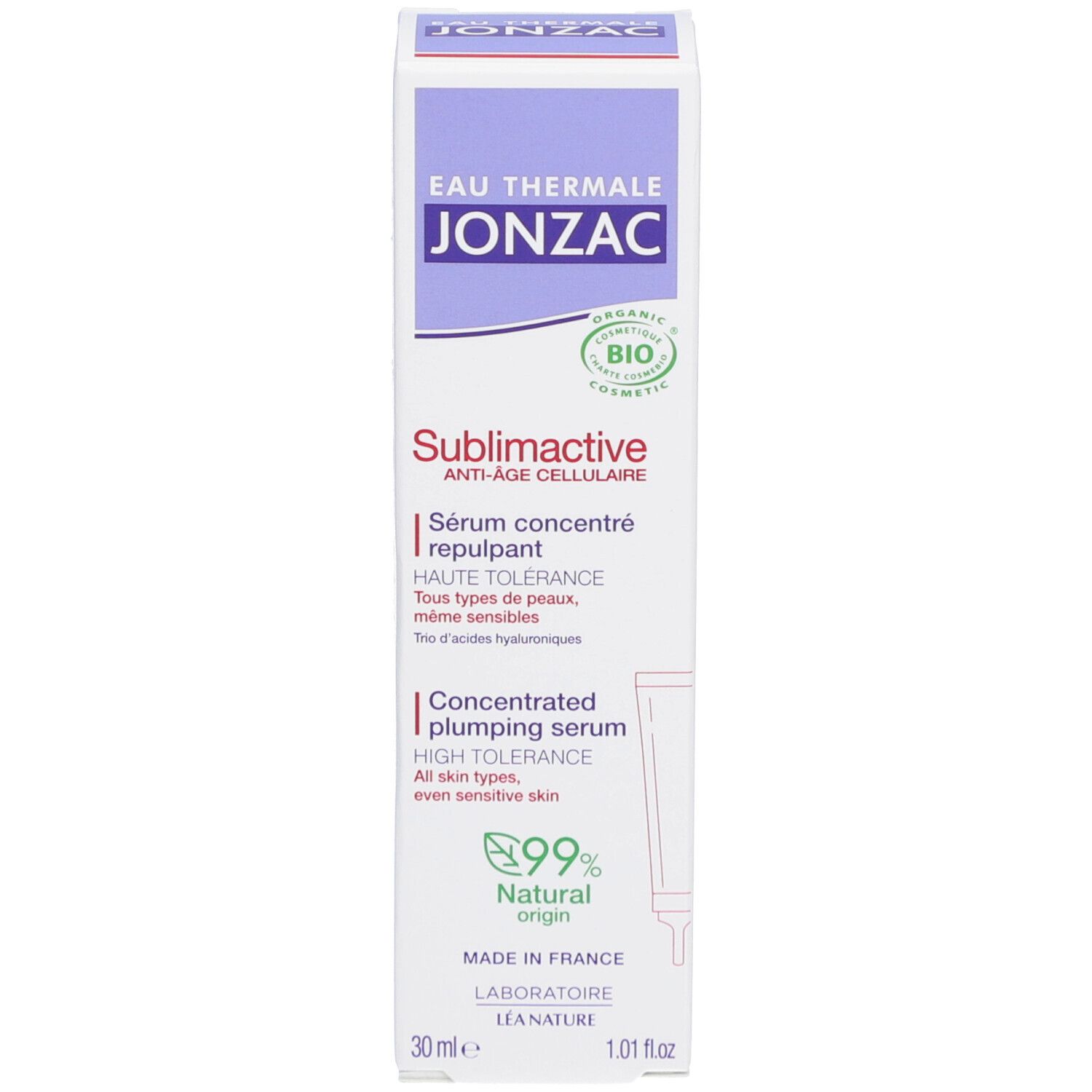 Emballage de sérum Jonzac Sublimactive. Blanc, violet et rouge. Texte: Eau Thermale Jonzac, Sublimactive, Sérum concentré repulpant, 99% Natural origin.