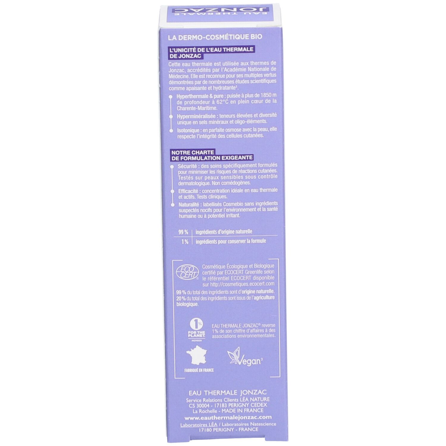Côté de l'emballage du sérum Jonzac Sublimactive. Texte: La dermo-cosmétique bio, Notre charte de formulation exigeante, Vegan.