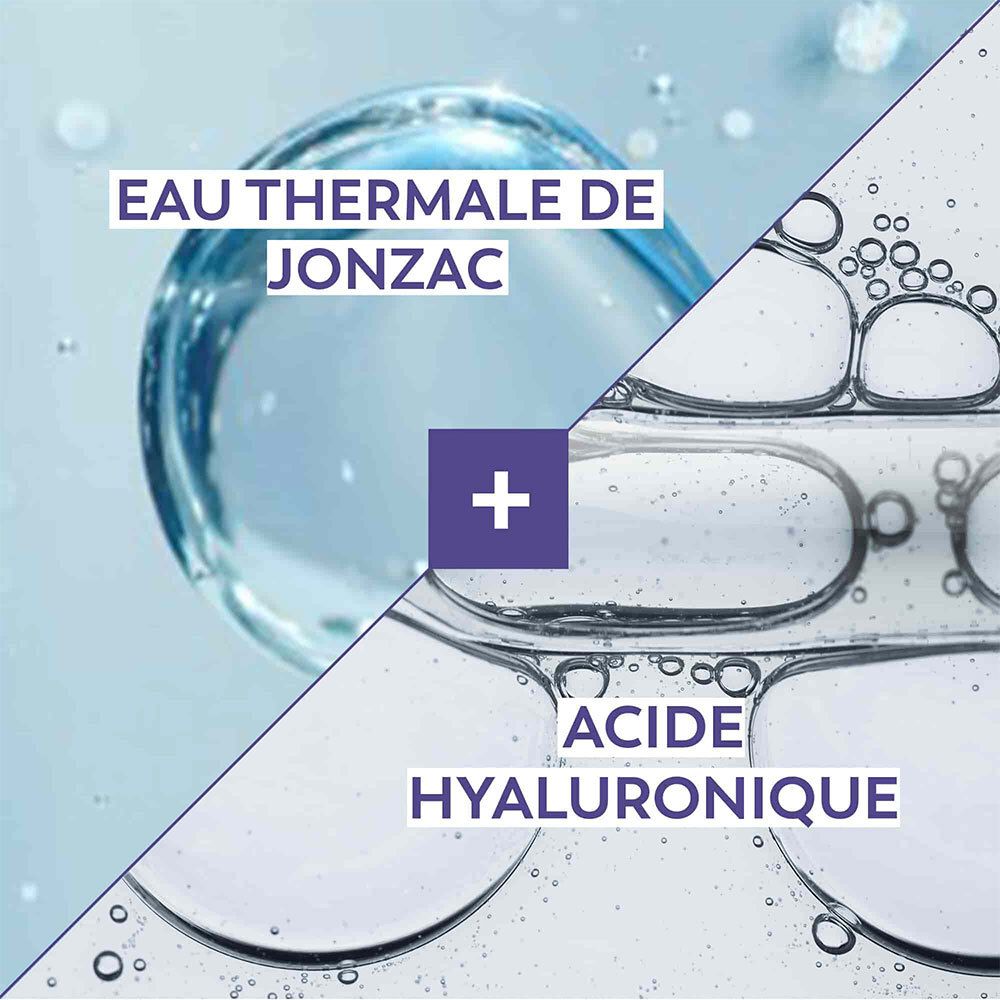 Représentation graphique d'eau et d'acide hyaluronique. Texte : 'EAU THERMALE DE JONZAC' et 'ACIDE HYALURONIQUE'.