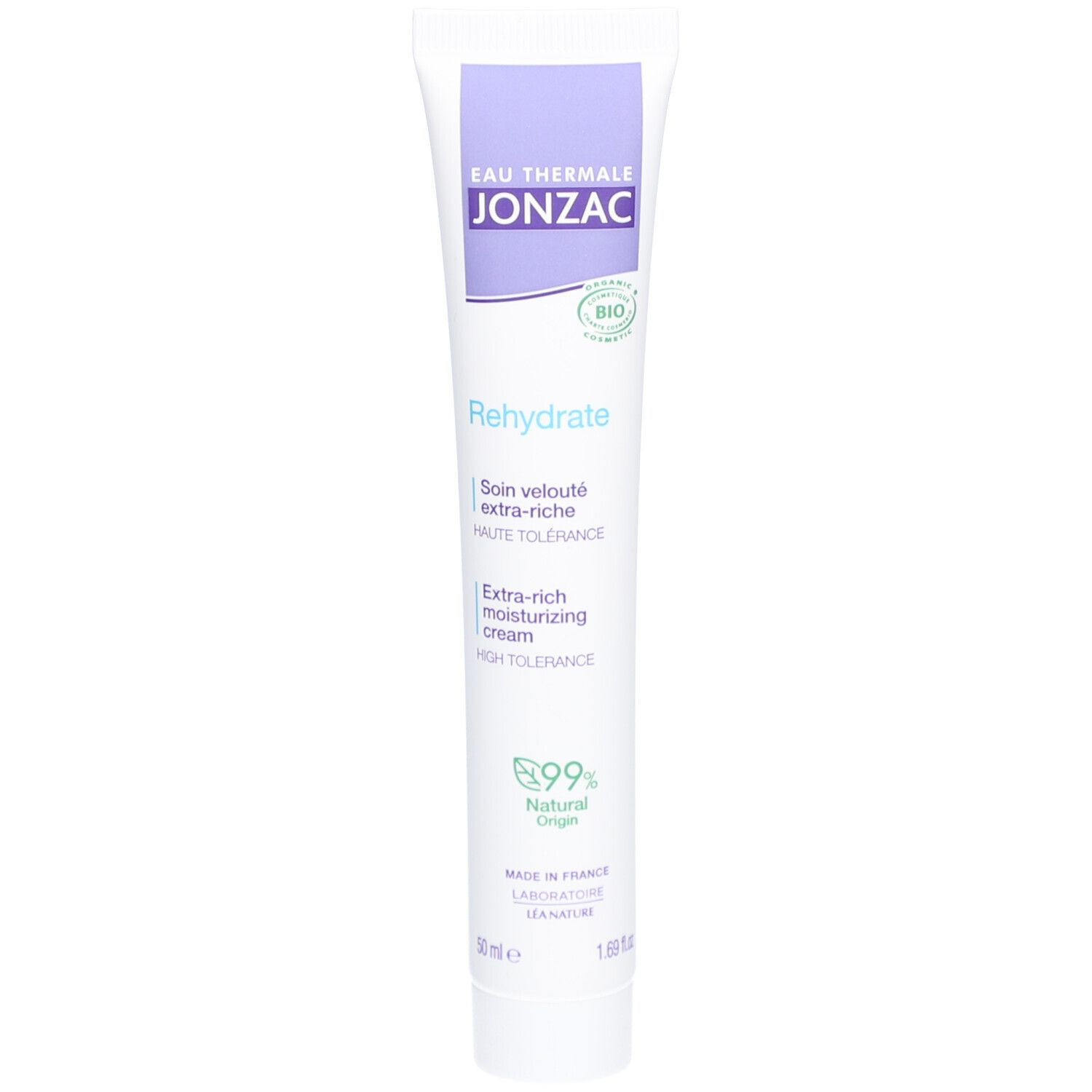 Tube Jonzac Eau Thermale. Blanc, violet. Texte: Rehydrate, Extra-rich moisturizing cream, 99% Natural Origin. Dos.