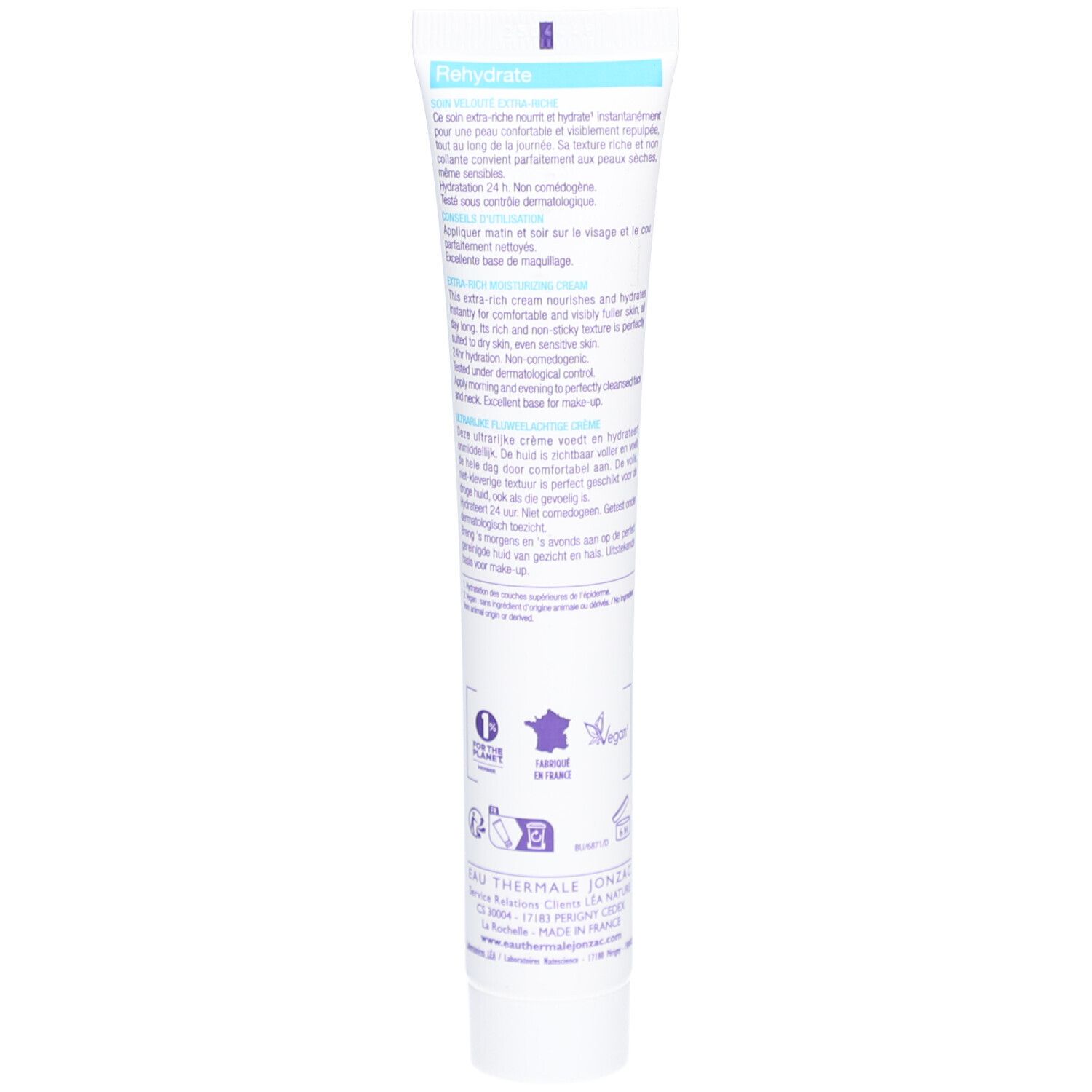 Emballage Jonzac Eau Thermale. Blanc, violet. Texte: Rehydrate, Extra-rich moisturizing cream, 99% Natural Origin.