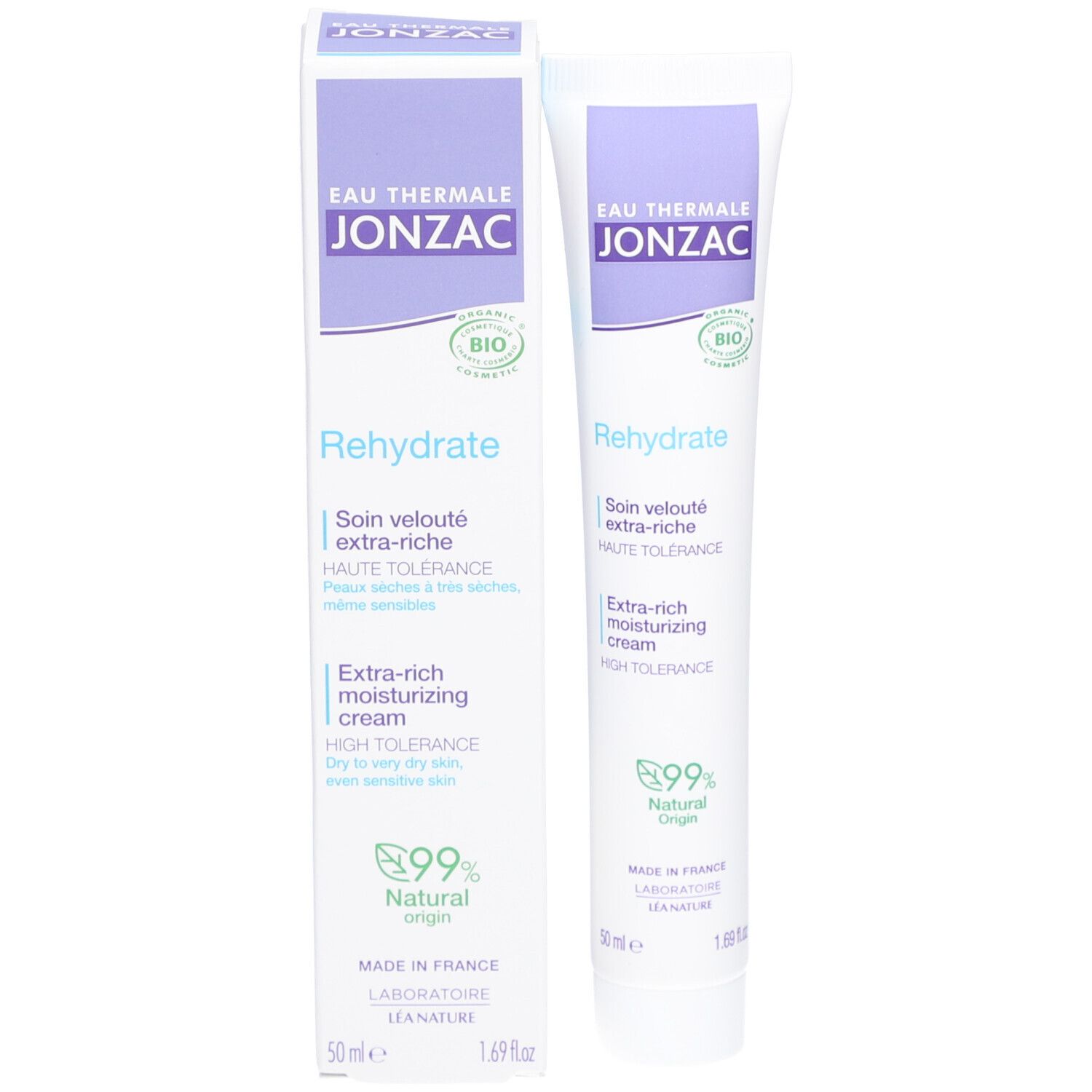 Tube et emballage Jonzac Eau Thermale. Blanc, violet. Texte: Rehydrate, Extra-rich moisturizing cream, 99% Natural Origin.
