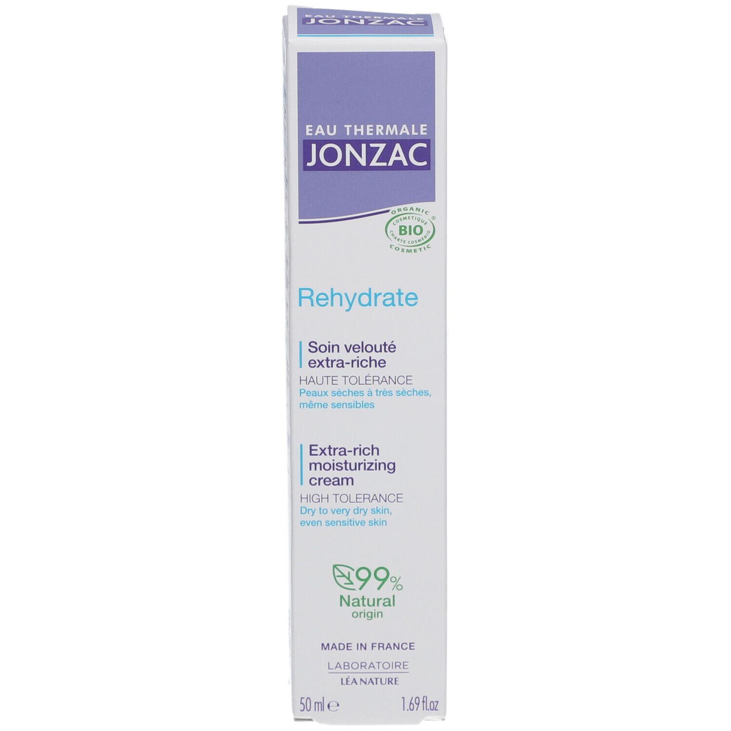 Emballage Jonzac Eau Thermale. Blanc, violet. Texte: Ingrédients, emballage recyclable, vegan.