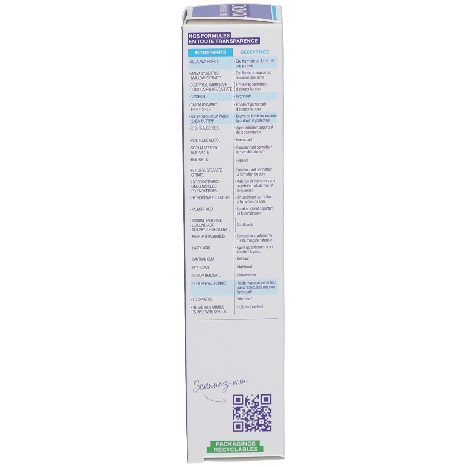 Emballage Jonzac Eau Thermale. Blanc, violet. Texte: Ingrédients, emballage recyclable, vegan.