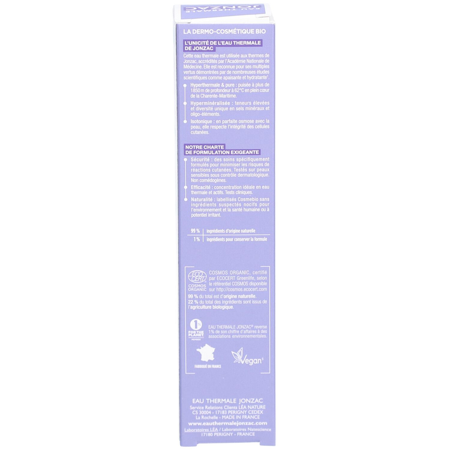 Emballage Jonzac Eau Thermale. Blanc, violet. Texte: Rehydrate, Ingrédients, emballage recyclable, vegan.