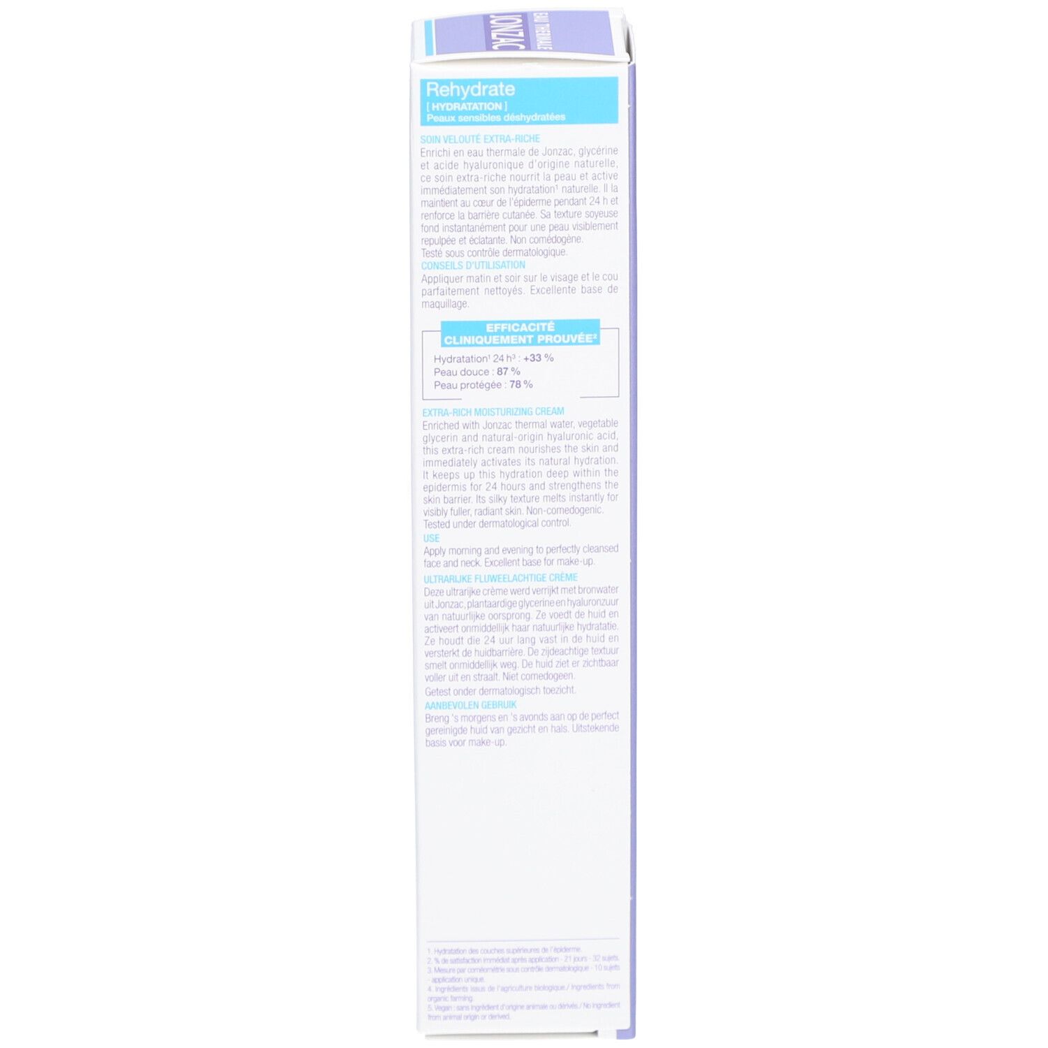 Emballage Jonzac Eau Thermale. Blanc, violet. Texte: Rehydrate, Ingrédients, emballage recyclable, vegan.