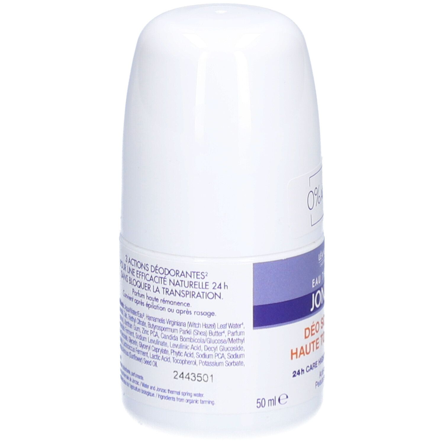 Dos du roll-on déodorant. Inscriptions: 3 actions, ingrédients, efficacité 24h, certification bio. 50ml.