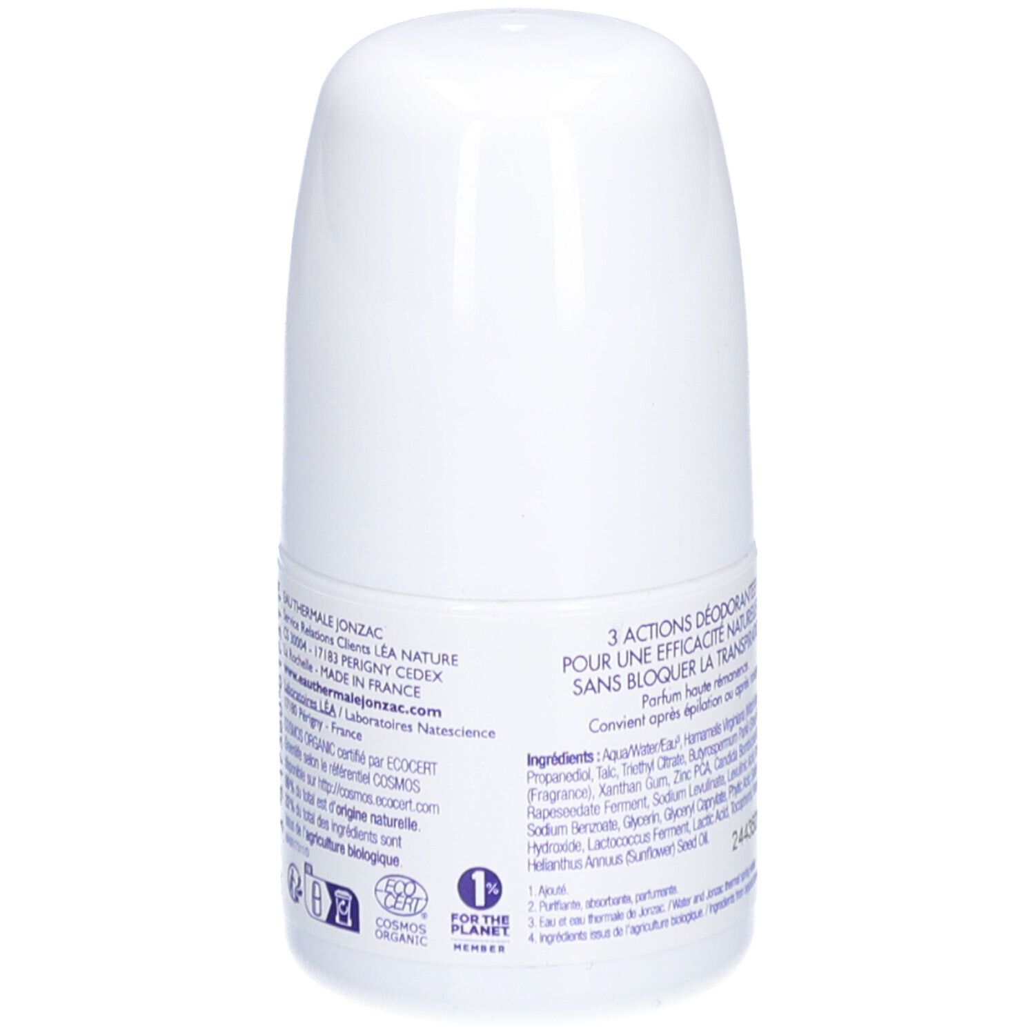 Dos du roll-on déodorant. Inscriptions: EAU THERMALE JONZAC, ingrédients, certification bio, origine. Code-barres.