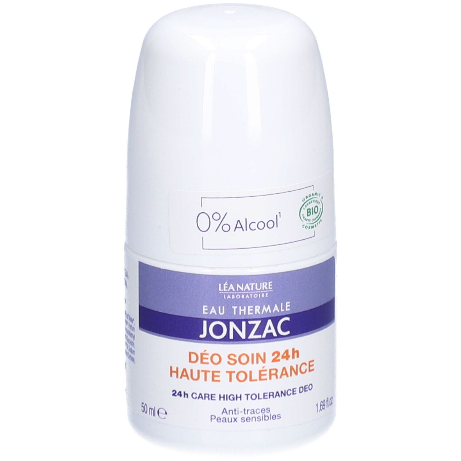 Roll-on déodorant blanc, accents violets. Inscription: JONZAC, 0% Alcool, certification bio. Pour peaux sensibles.