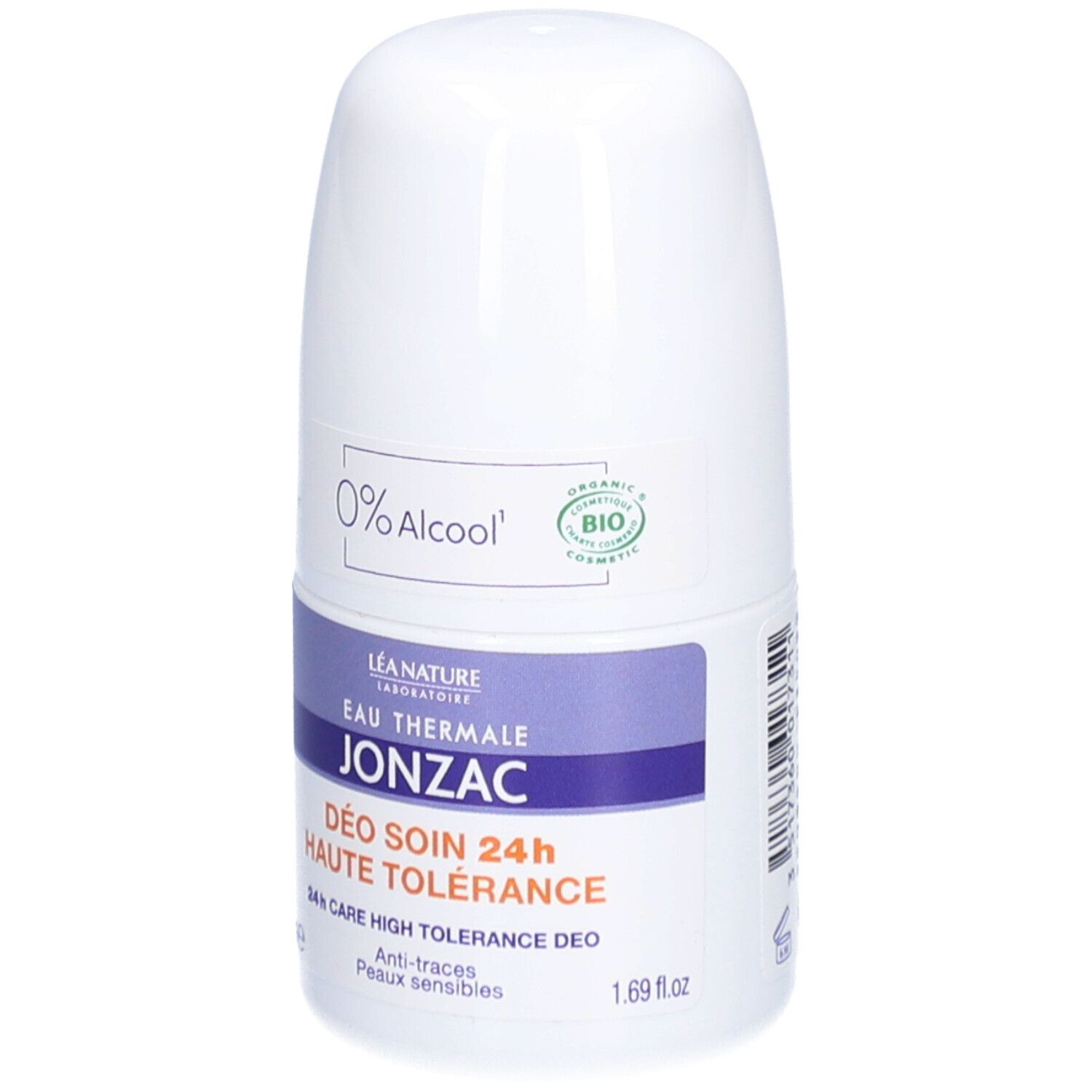 Roll-on déodorant blanc, accents violets. Inscription: JONZAC, 0% Alcool, certification bio. Pour peaux sensibles.